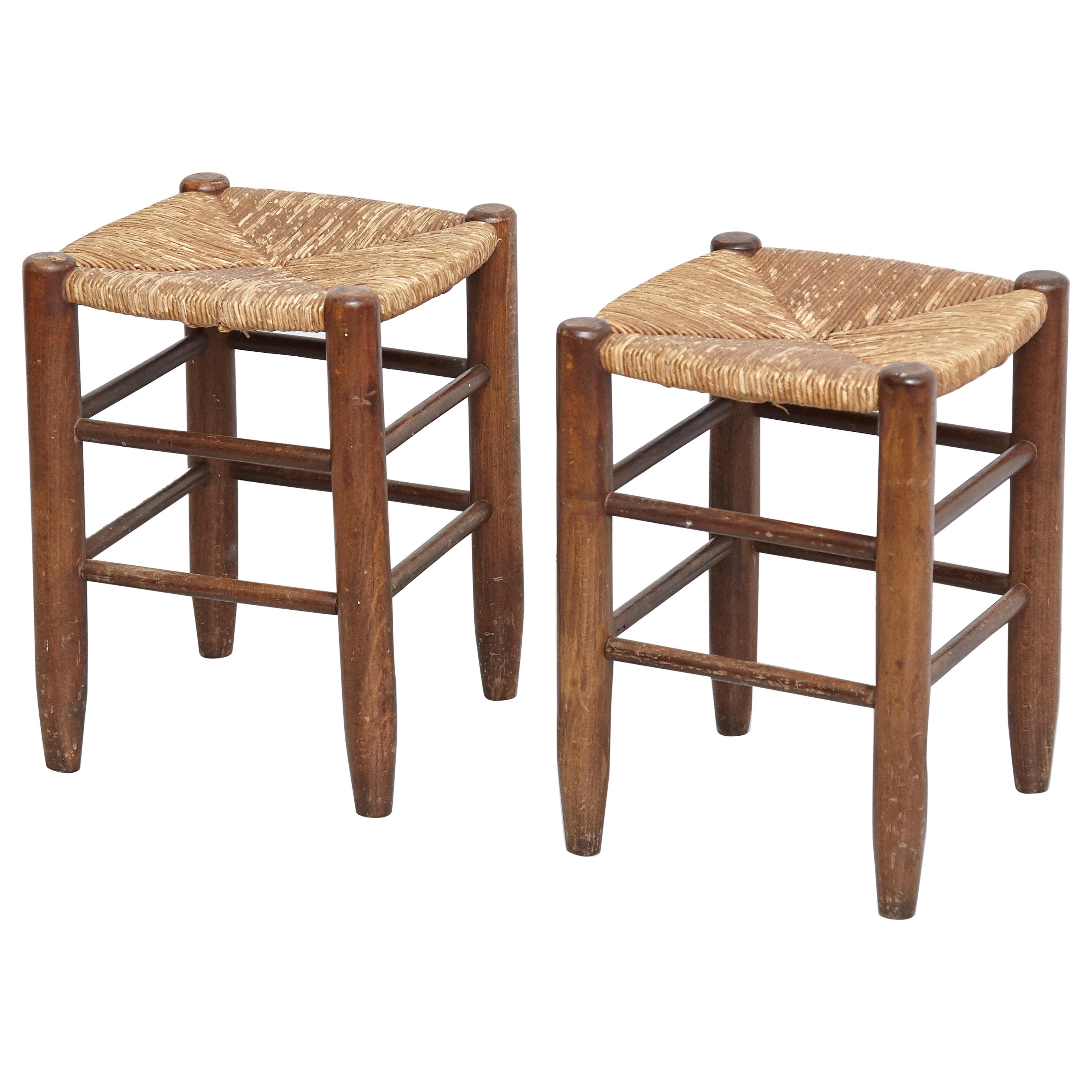 Pair of Charlotte Perriand, Mid-Century Modern, Rattan Wood French Stools