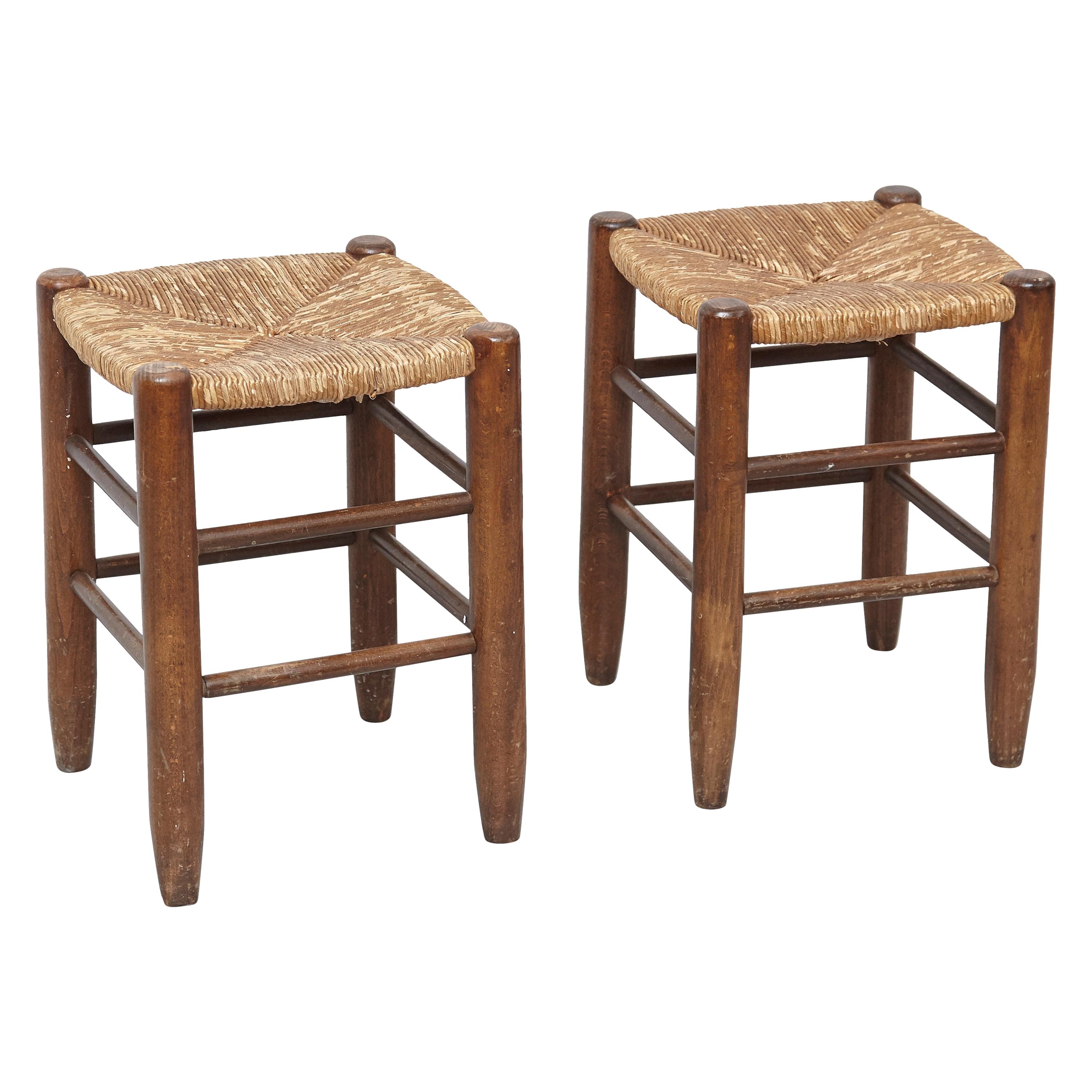 Pair of Charlotte Perriand, Mid-Century Modern, Rattan Wood French Stools