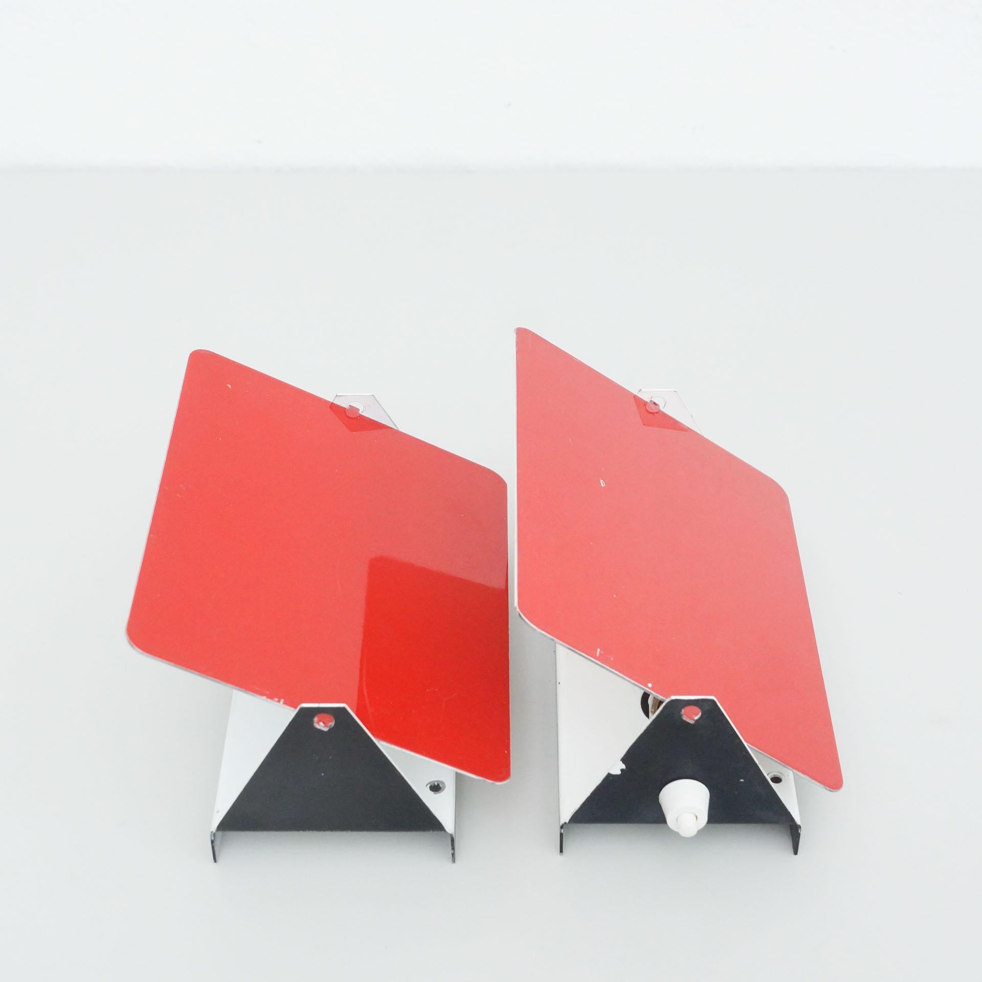 French Pair of Charlotte Perriand, Mid-Century Modern Red Metal CP-1 Wall Light, 1960