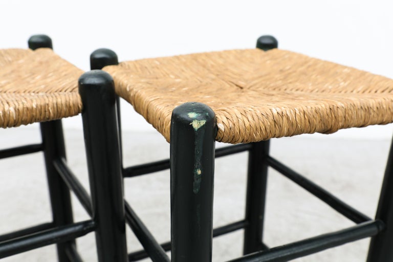 Pair of Charlotte Perriand Style Dark Green Stools with Rush Seats For