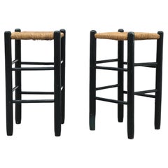 Pair of Charlotte Perriand Style Dark Green Stools with Rush Seats