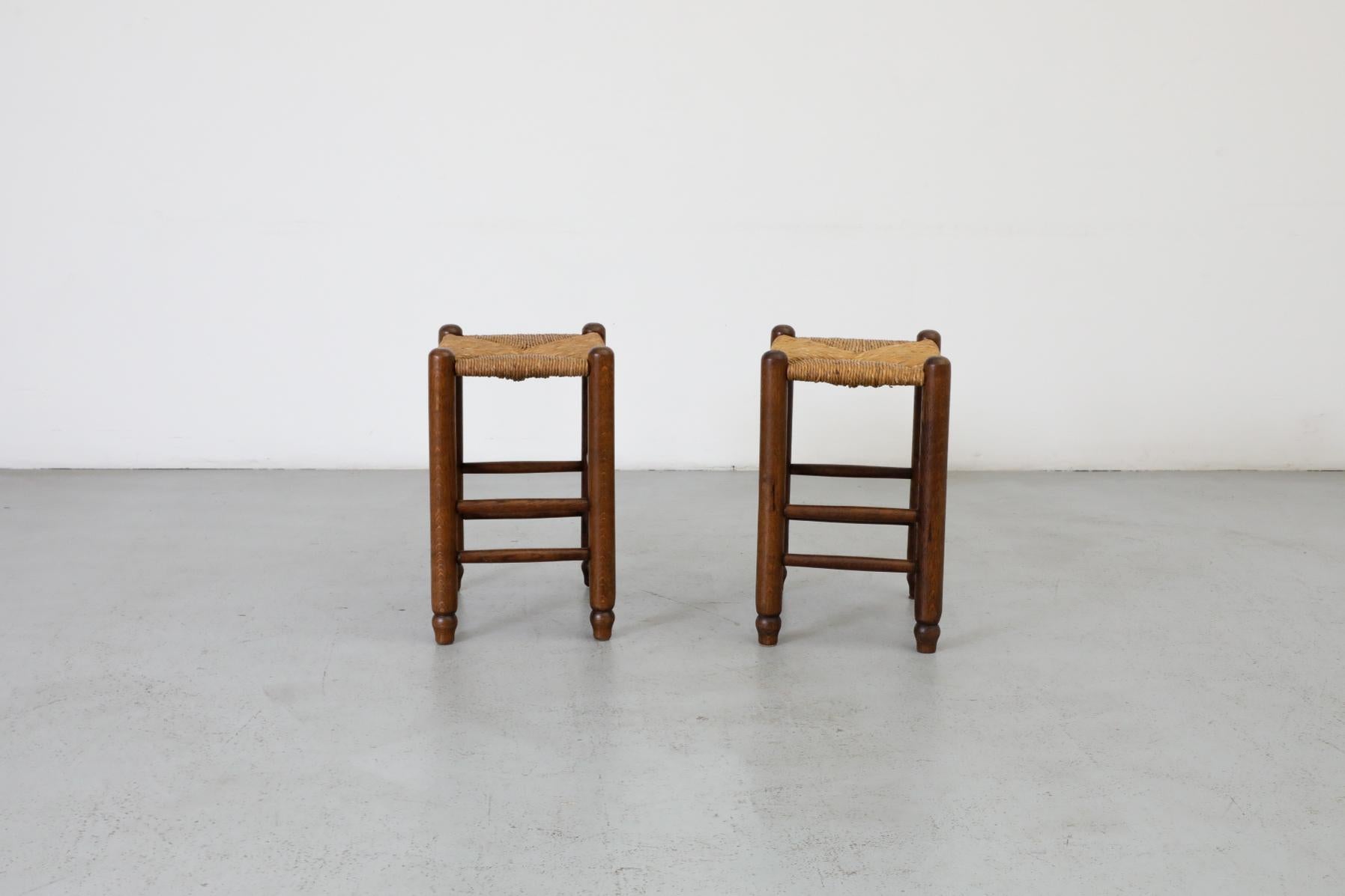 Woven Pair of Charlotte Perriand Style Mini Stools with Dark Oak Frames and Rush Seats