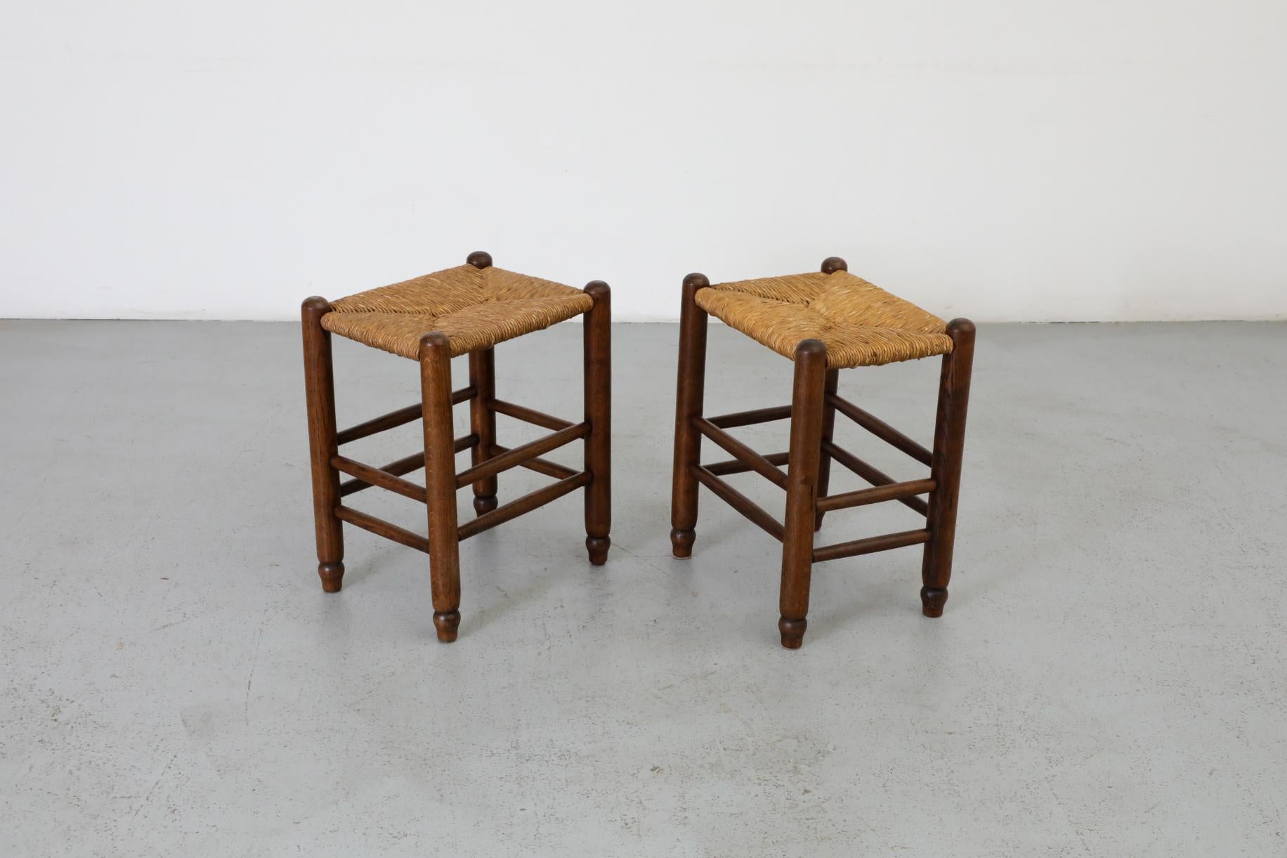 Pair of Charlotte Perriand Style Mini Stools with Dark Oak Frames and Rush Seats In Good Condition In Los Angeles, CA