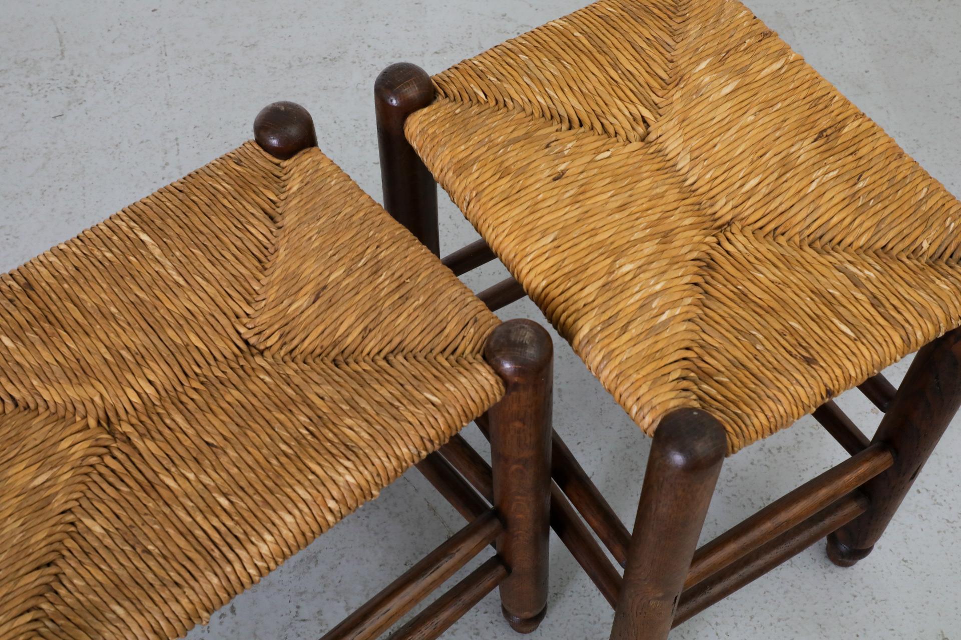 20th Century Pair of Charlotte Perriand Style Mini Stools with Dark Oak Frames and Rush Seats