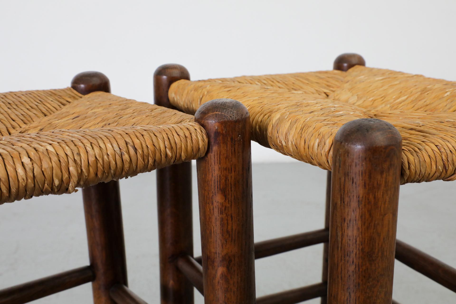 Pair of Charlotte Perriand Style Mini Stools with Dark Oak Frames and Rush Seats 1