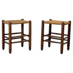 Pair of Charlotte Perriand Style Mini Stools with Dark Oak Frames and Rush Seats