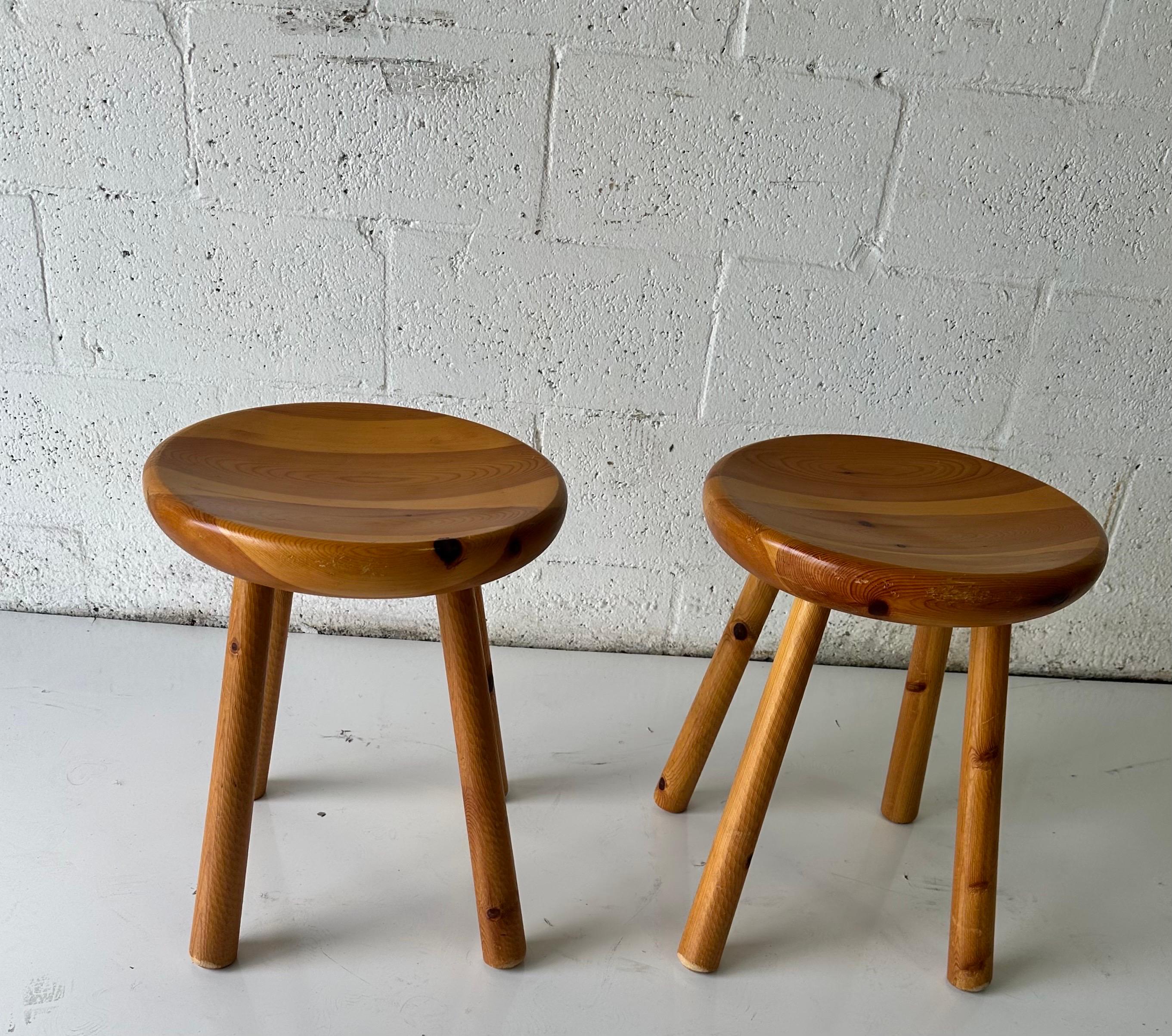 French Pair of Charlotte Perriand Style Pine Stools For Sale