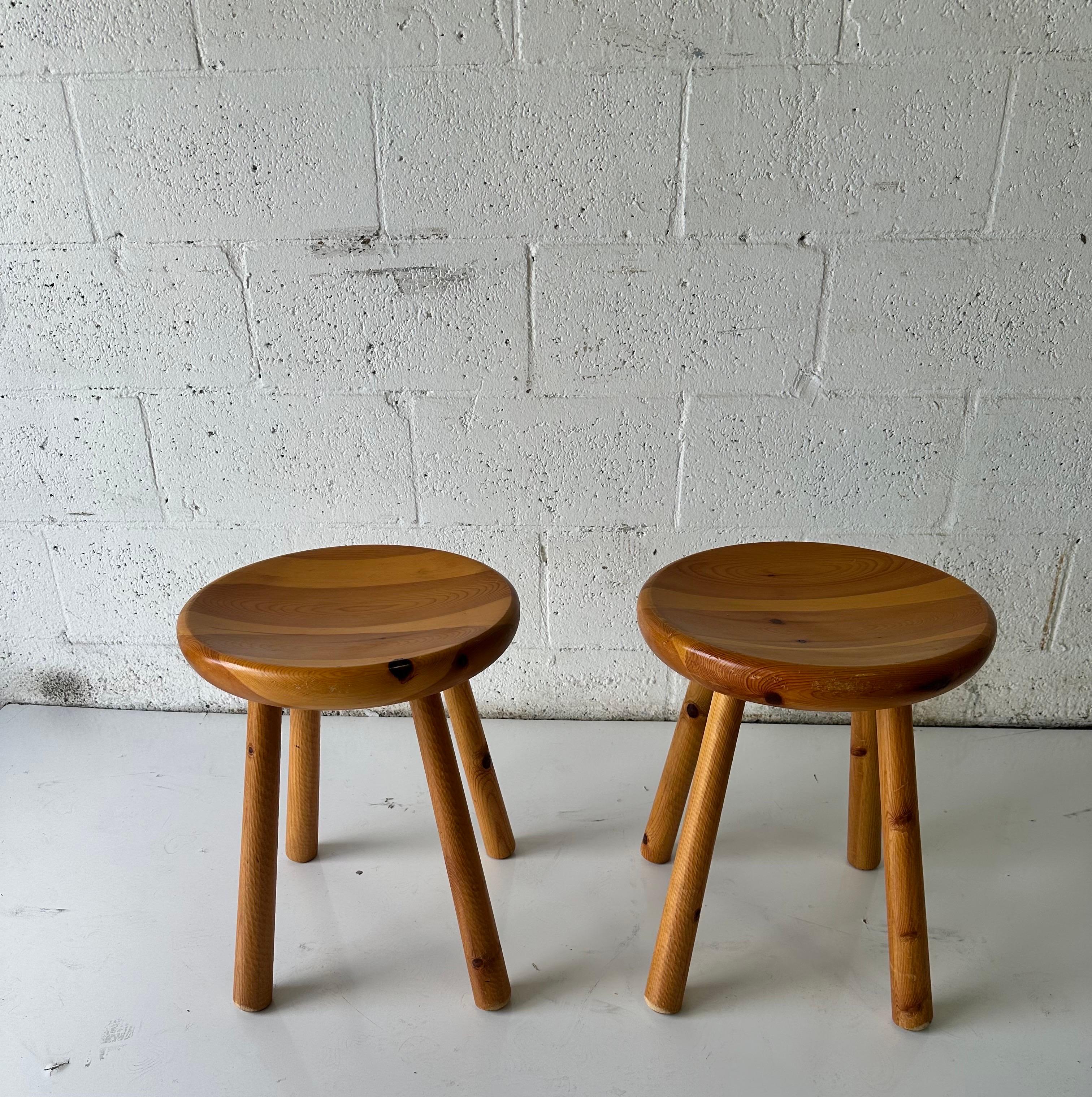 Wood Pair of Charlotte Perriand Style Pine Stools For Sale