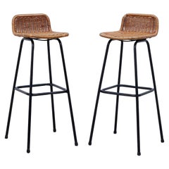 Pair of Charlotte Perriand Style Rattan Bar Stools