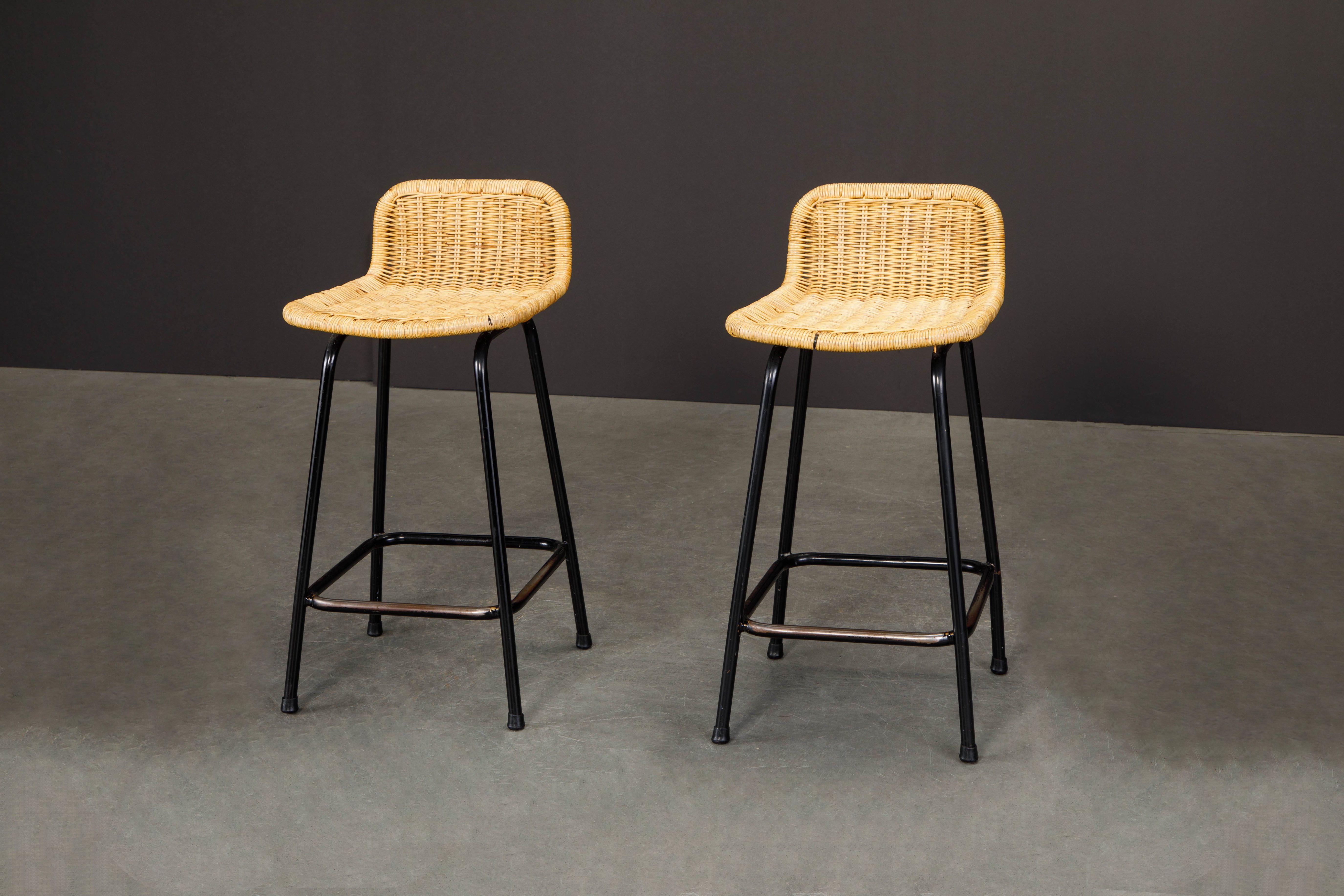Mid-Century Modern Pair of Charlotte Perriand Style Rattan Counter Height Bar Stools