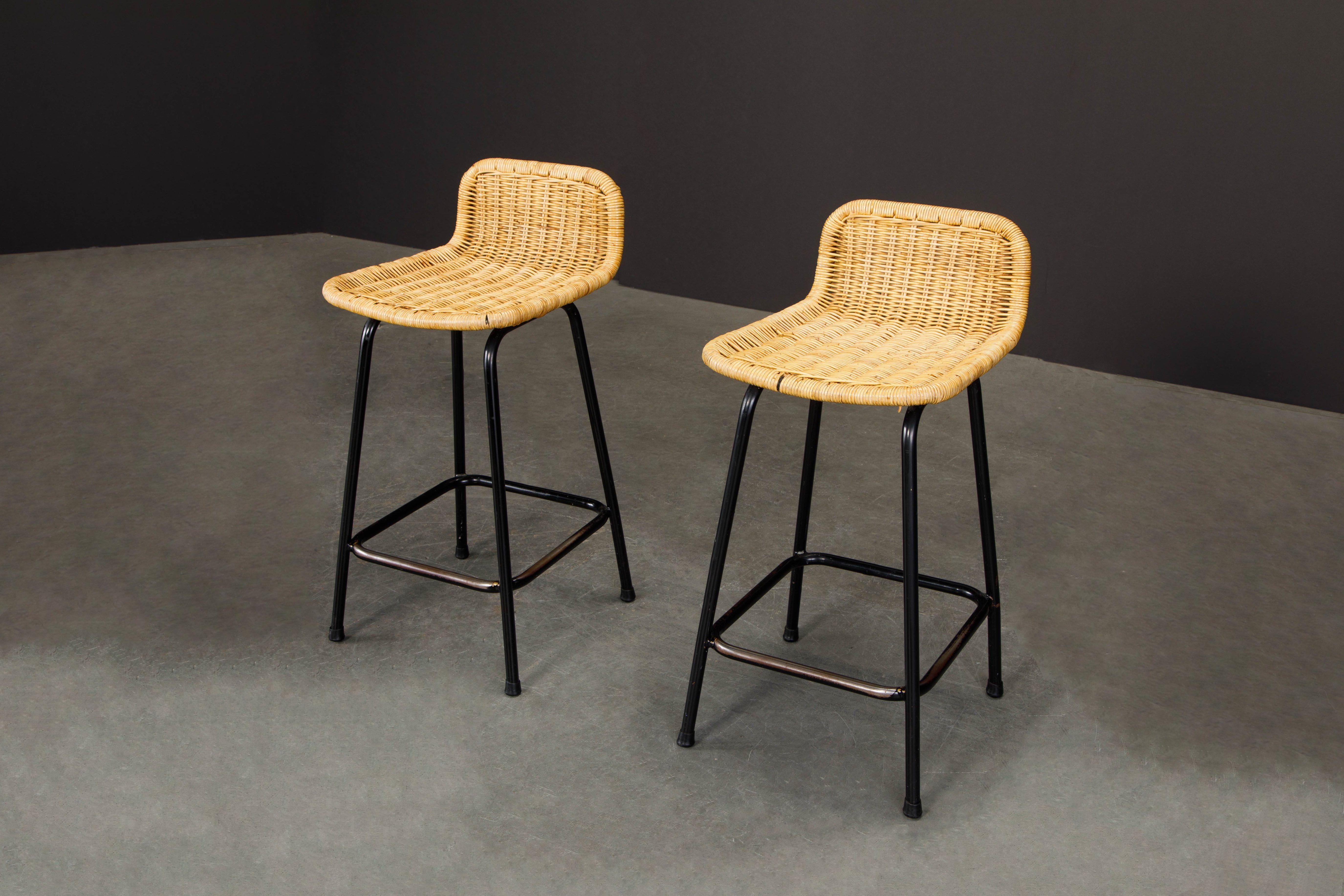 Unknown Pair of Charlotte Perriand Style Rattan Counter Height Bar Stools