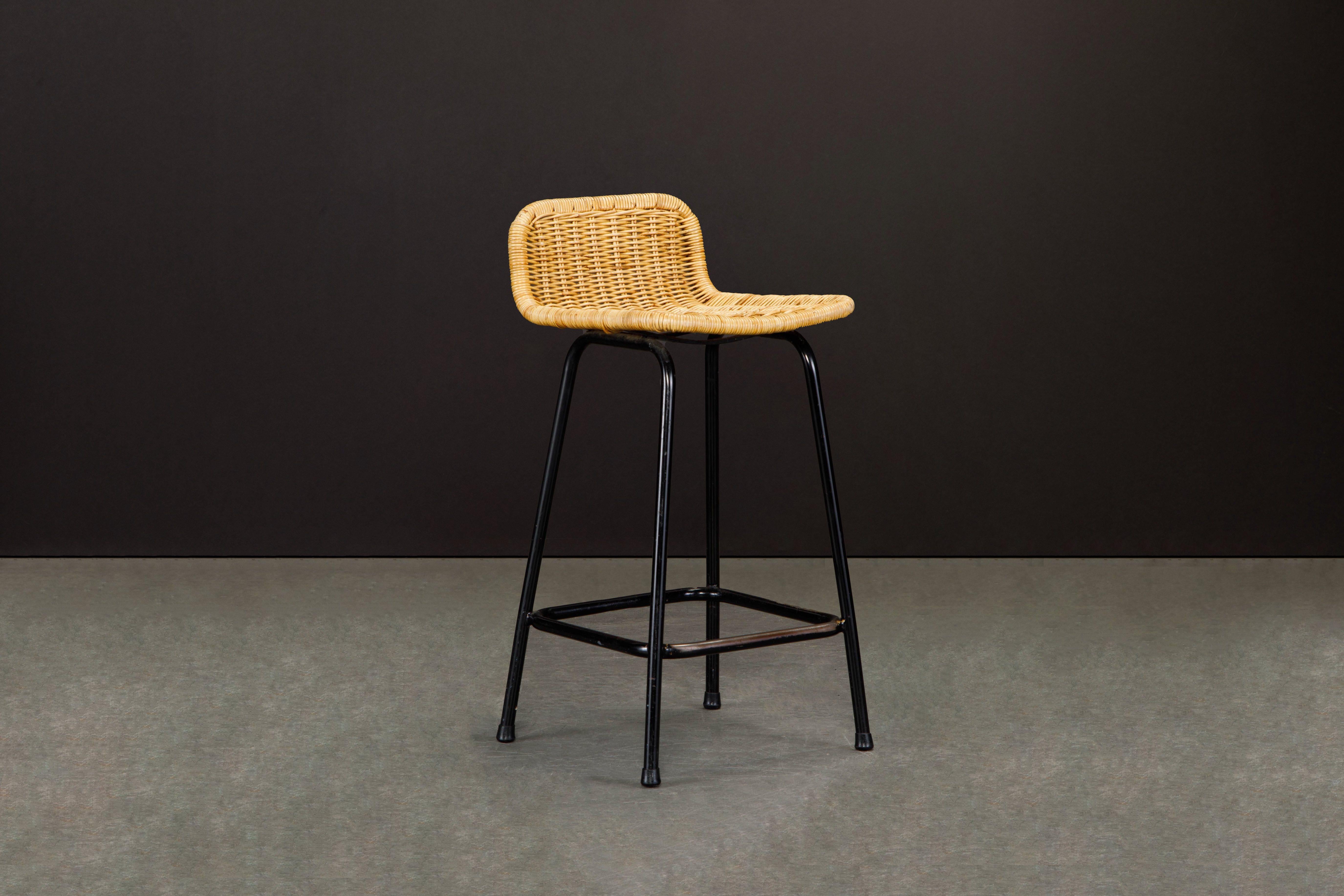 20th Century Pair of Charlotte Perriand Style Rattan Counter Height Bar Stools