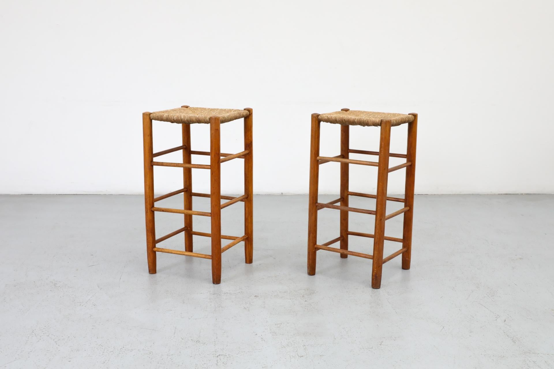 Mid-Century Modern Pair of Charlotte Perriand Style Rattan Counter Stools, 1960's
