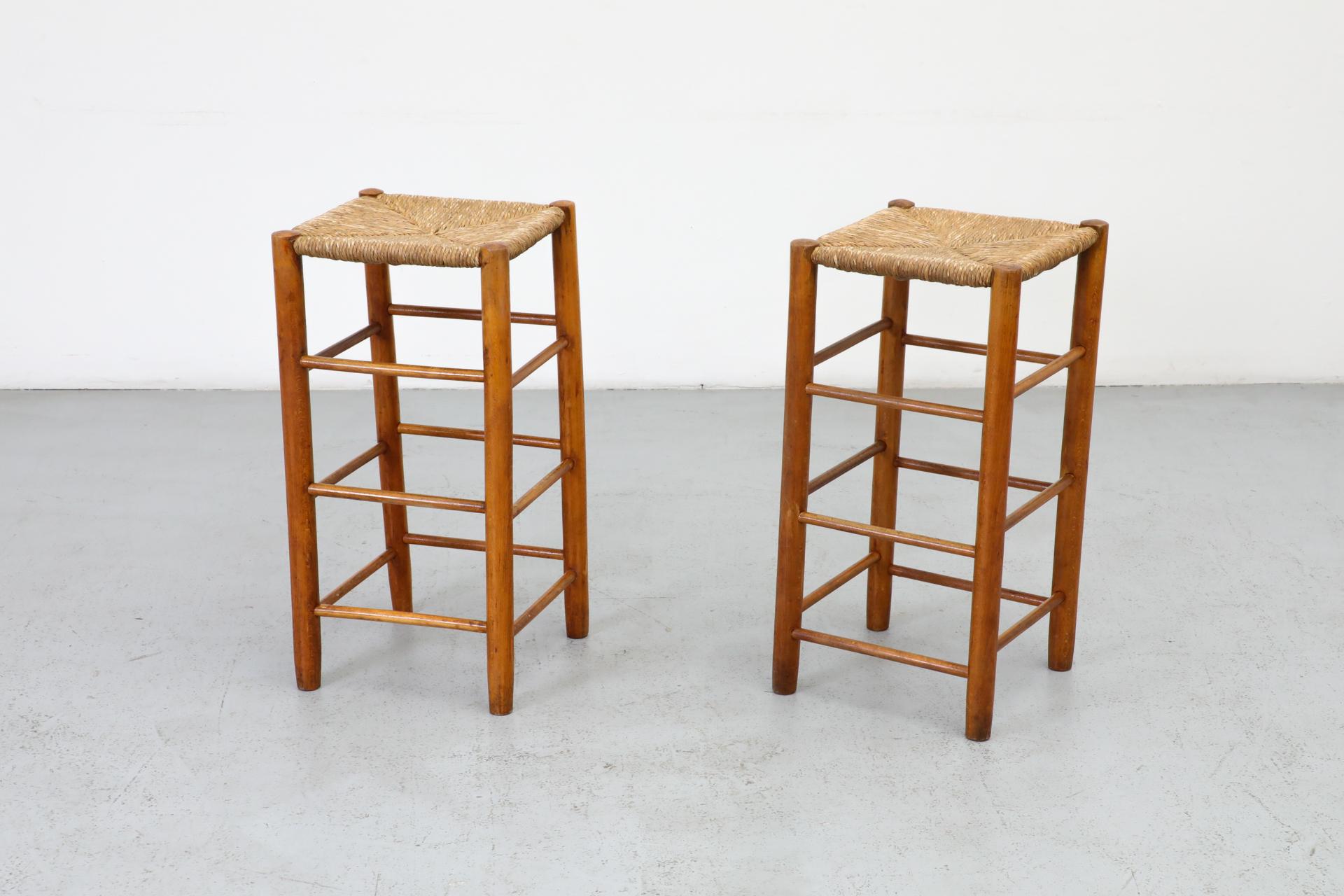 Pair of Charlotte Perriand Style Rattan Counter Stools, 1960's In Good Condition In Los Angeles, CA