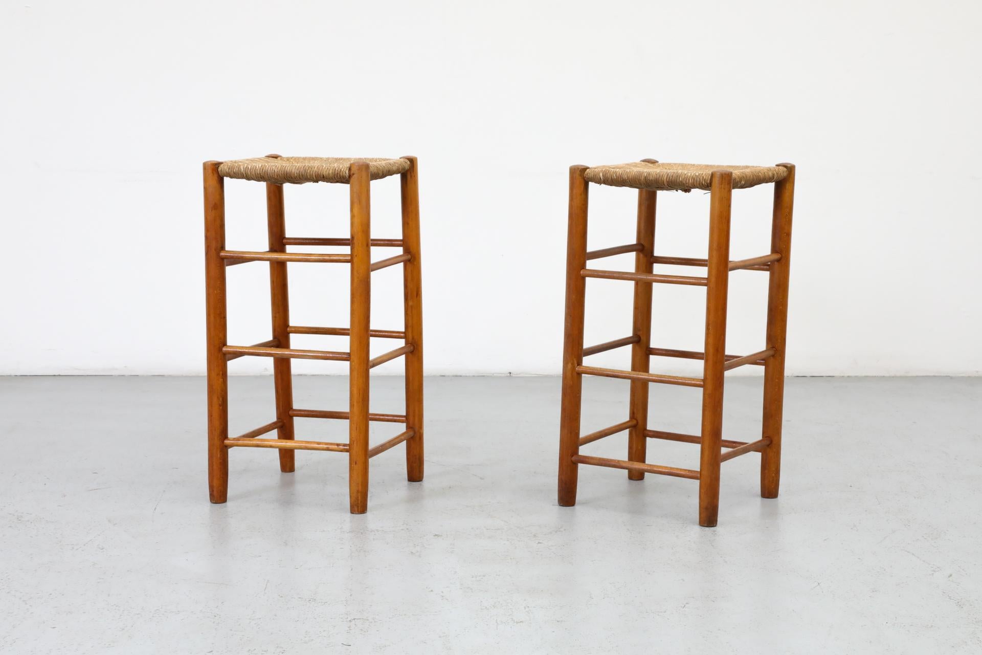 20th Century Pair of Charlotte Perriand Style Rattan Counter Stools, 1960's