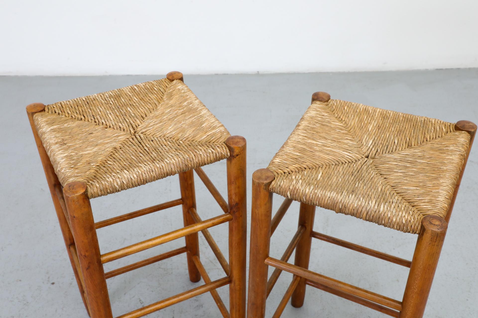 Pair of Charlotte Perriand Style Rattan Counter Stools, 1960's 1
