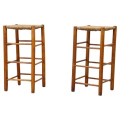 Pair of Charlotte Perriand Style Rattan Counter Stools, 1960's