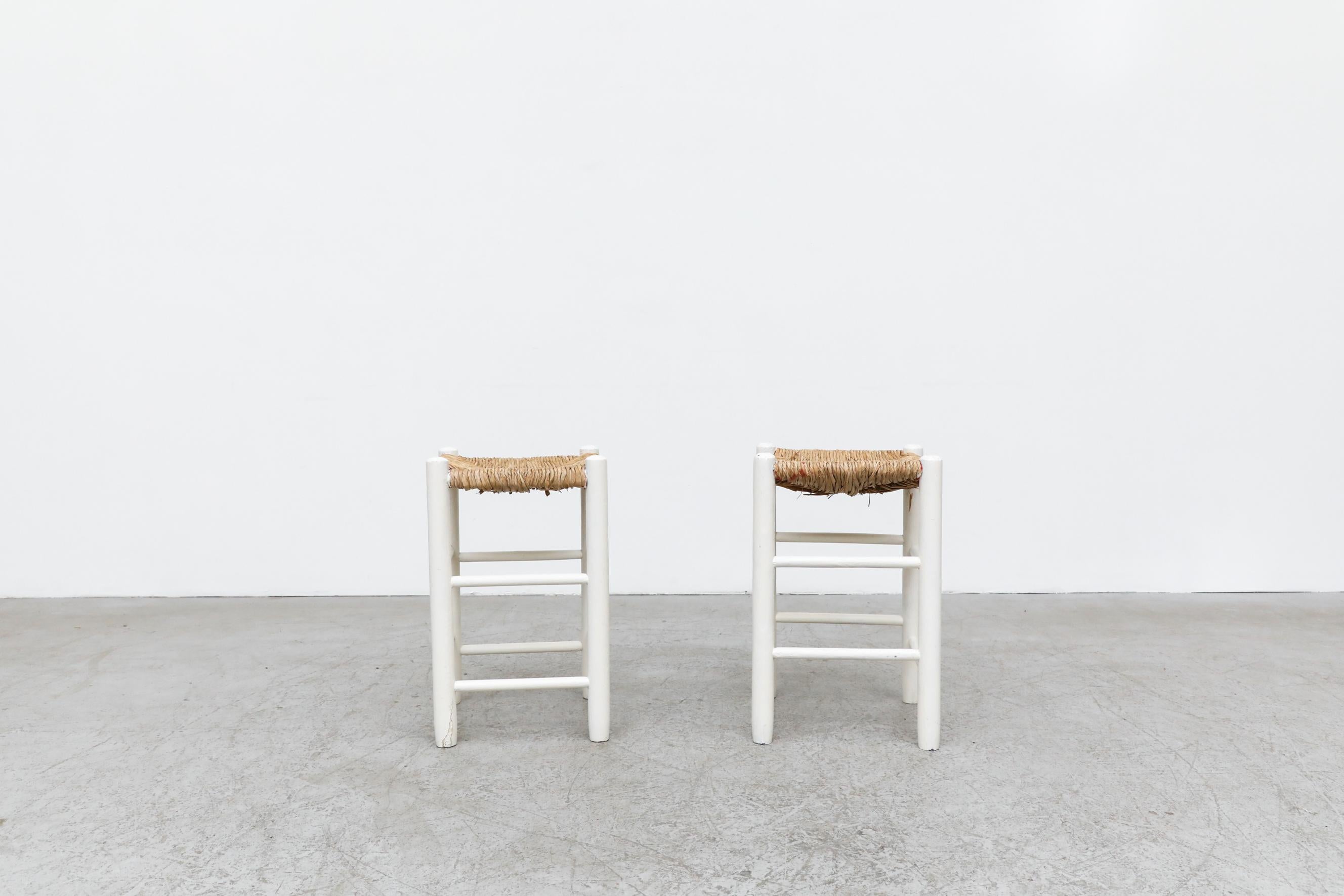 Mid-Century Modern Pair of Charlotte Perriand Style Low Counter Height White Stools with Rush Seats For Sale