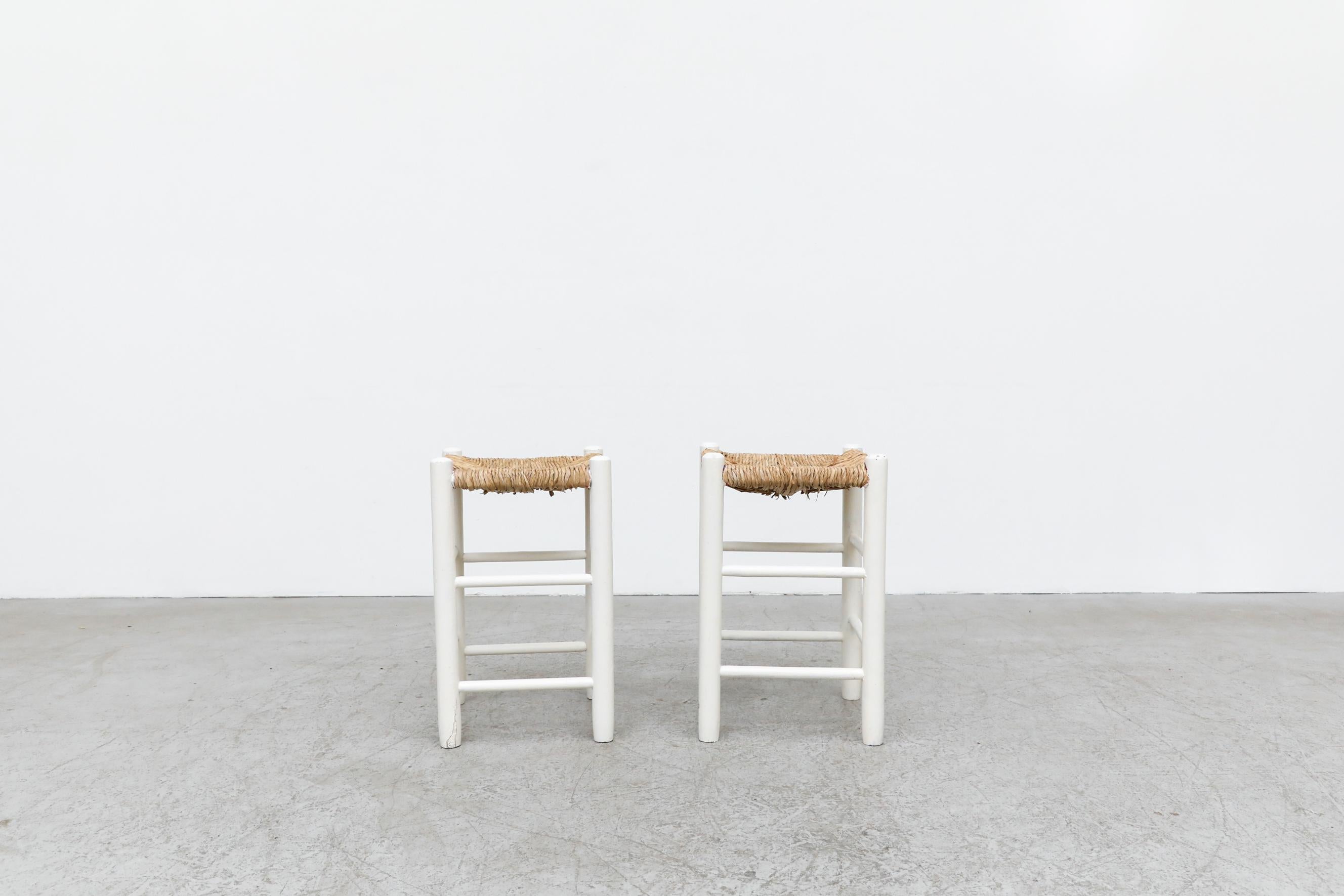 Dutch Pair of Charlotte Perriand Style Low Counter Height White Stools with Rush Seats For Sale