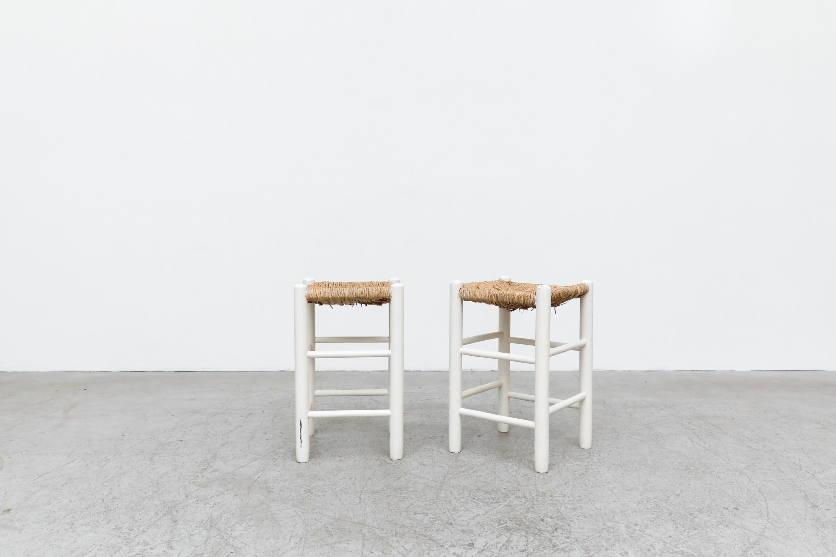 Painted Pair of Charlotte Perriand Style Low Counter Height White Stools with Rush Seats For Sale