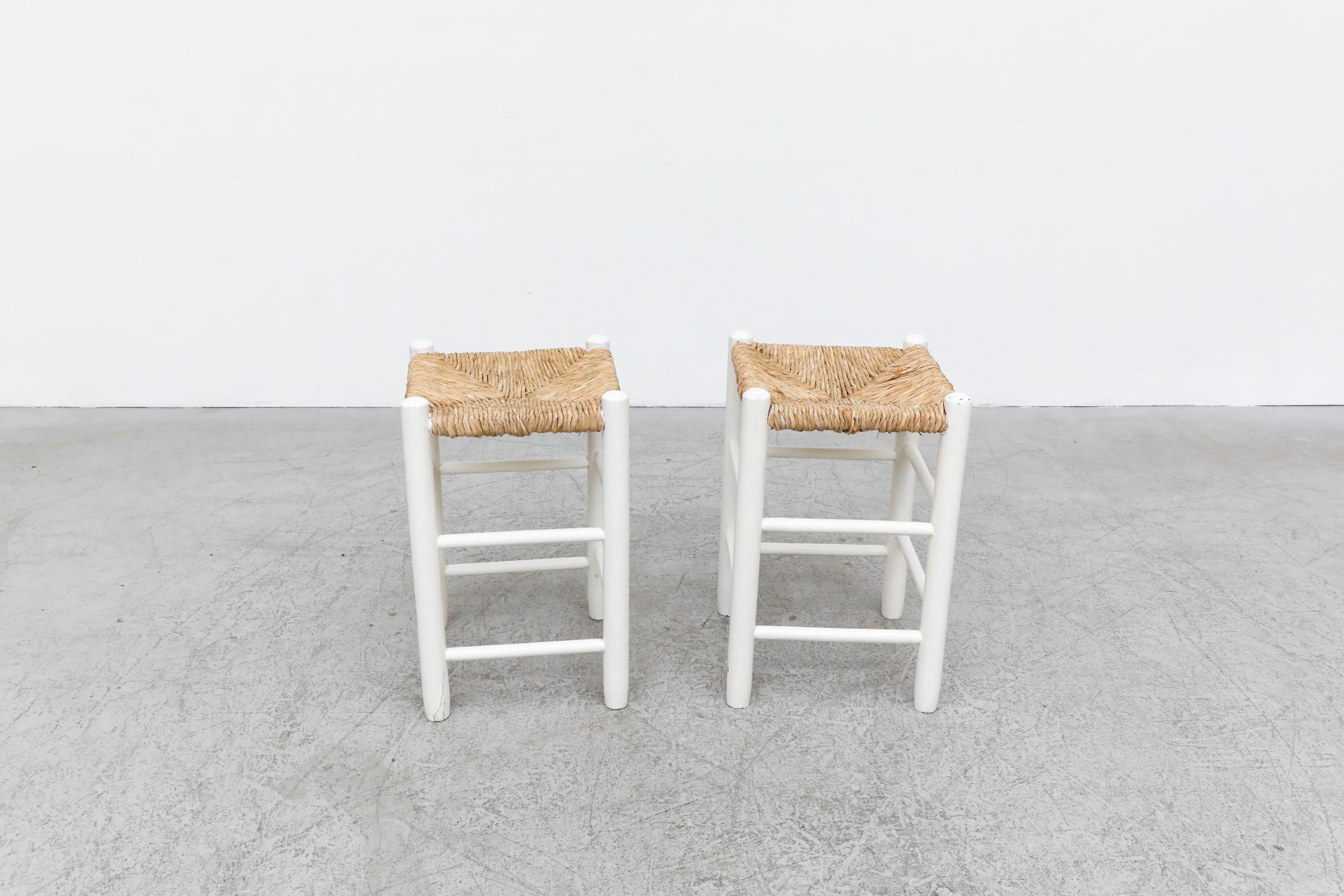 Pair of Charlotte Perriand Style Low Counter Height White Stools with Rush Seats In Good Condition For Sale In Los Angeles, CA