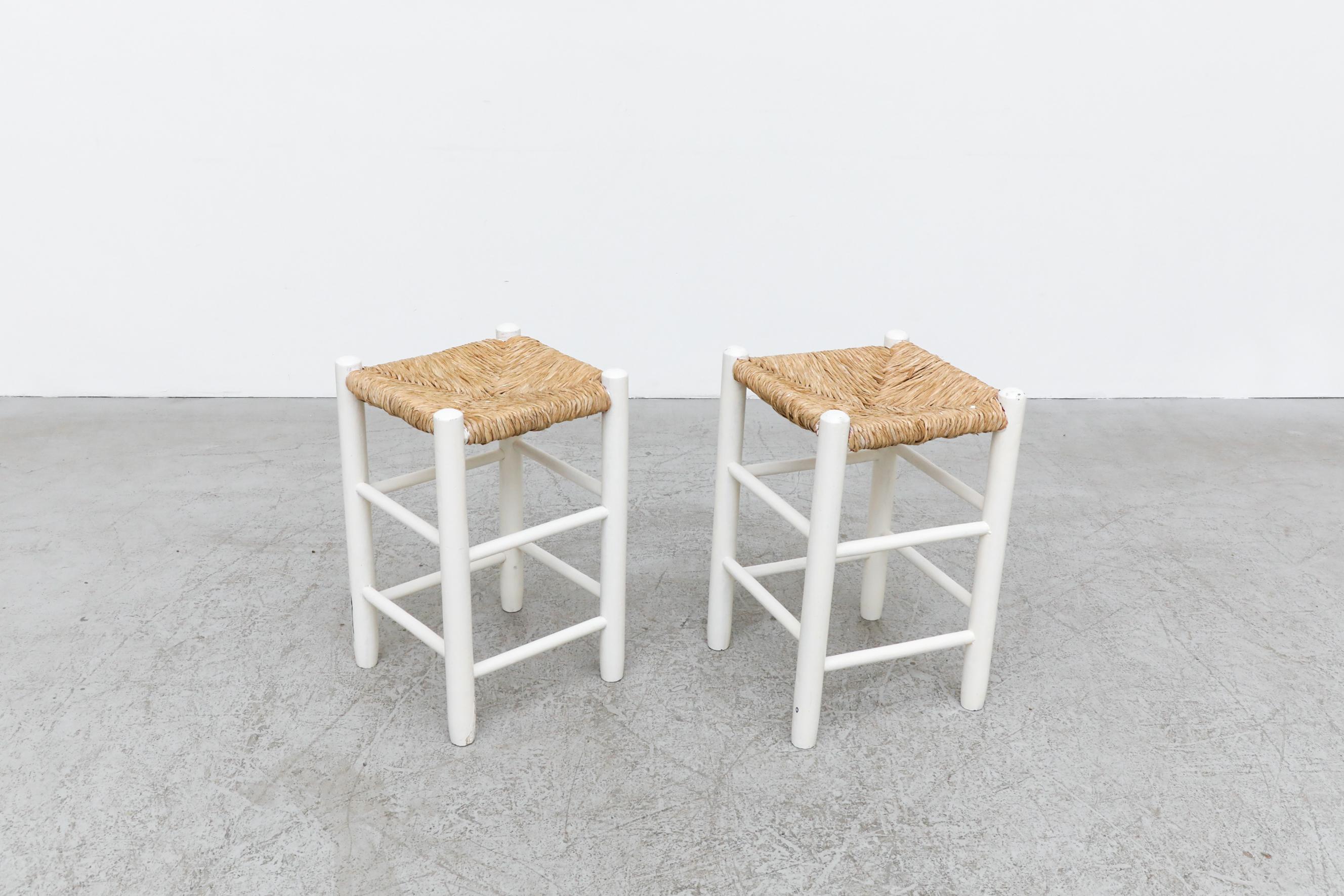 20th Century Pair of Charlotte Perriand Style Low Counter Height White Stools with Rush Seats For Sale