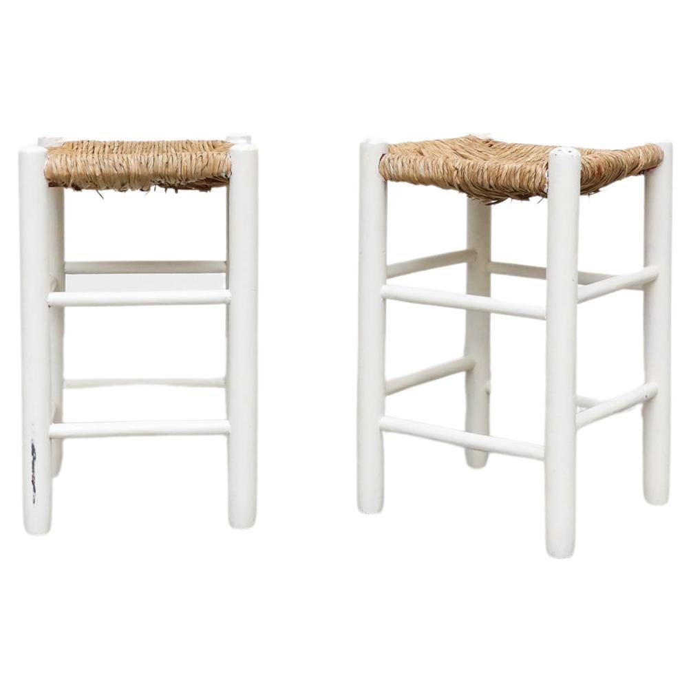 Pair of Charlotte Perriand Style White Stools with Rush Seats