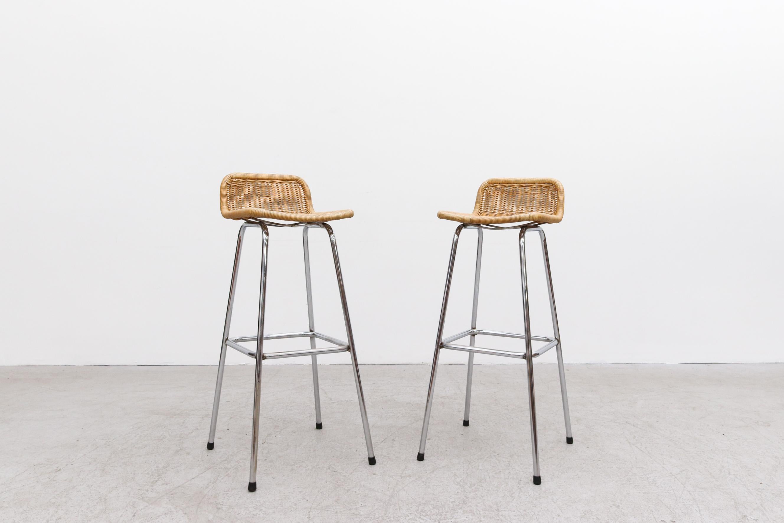 Mid-Century Modern Pair of Charlotte Perriand Style Wicker Bar Stools