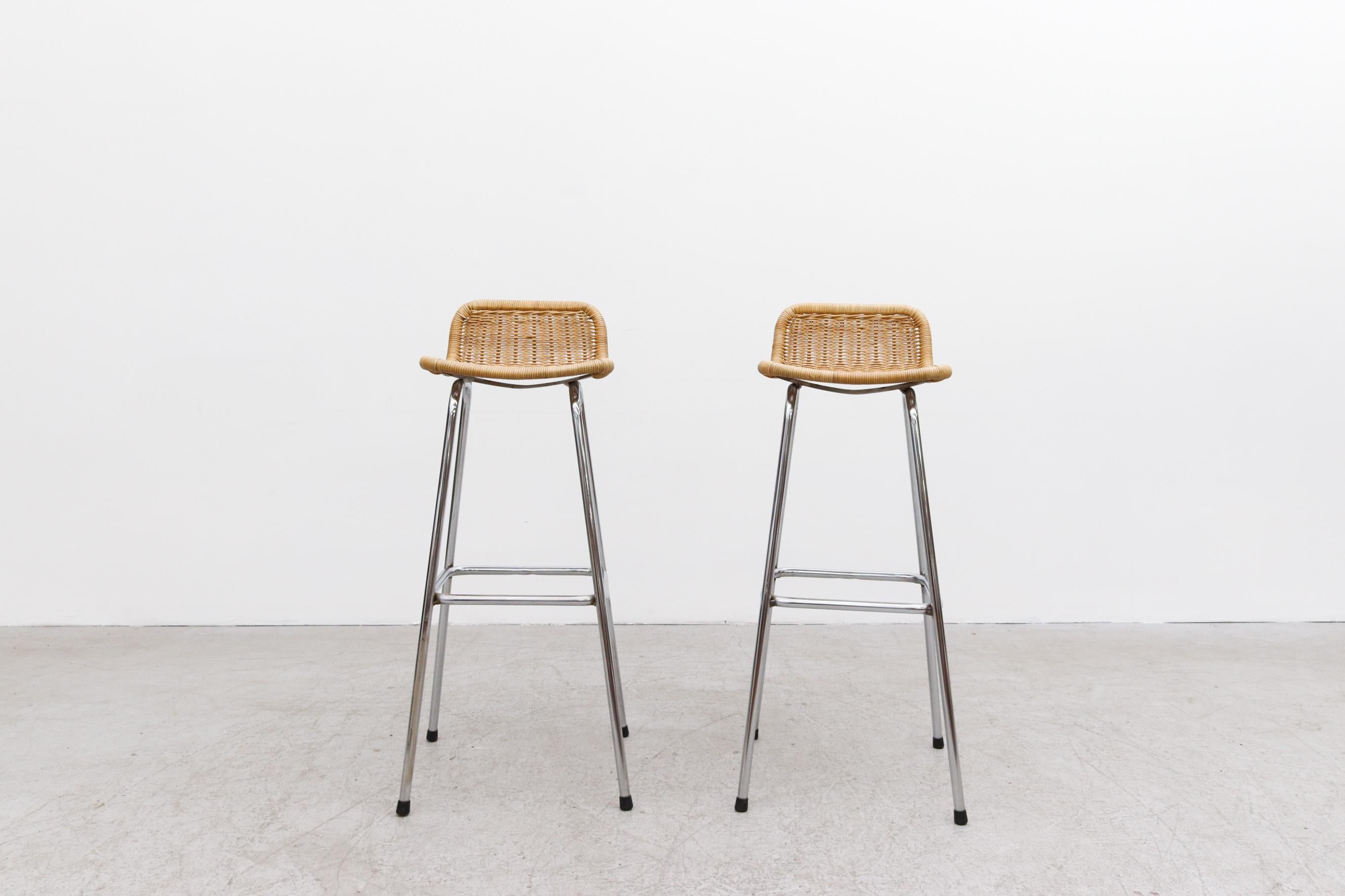 Dutch Pair of Charlotte Perriand Style Wicker Bar Stools