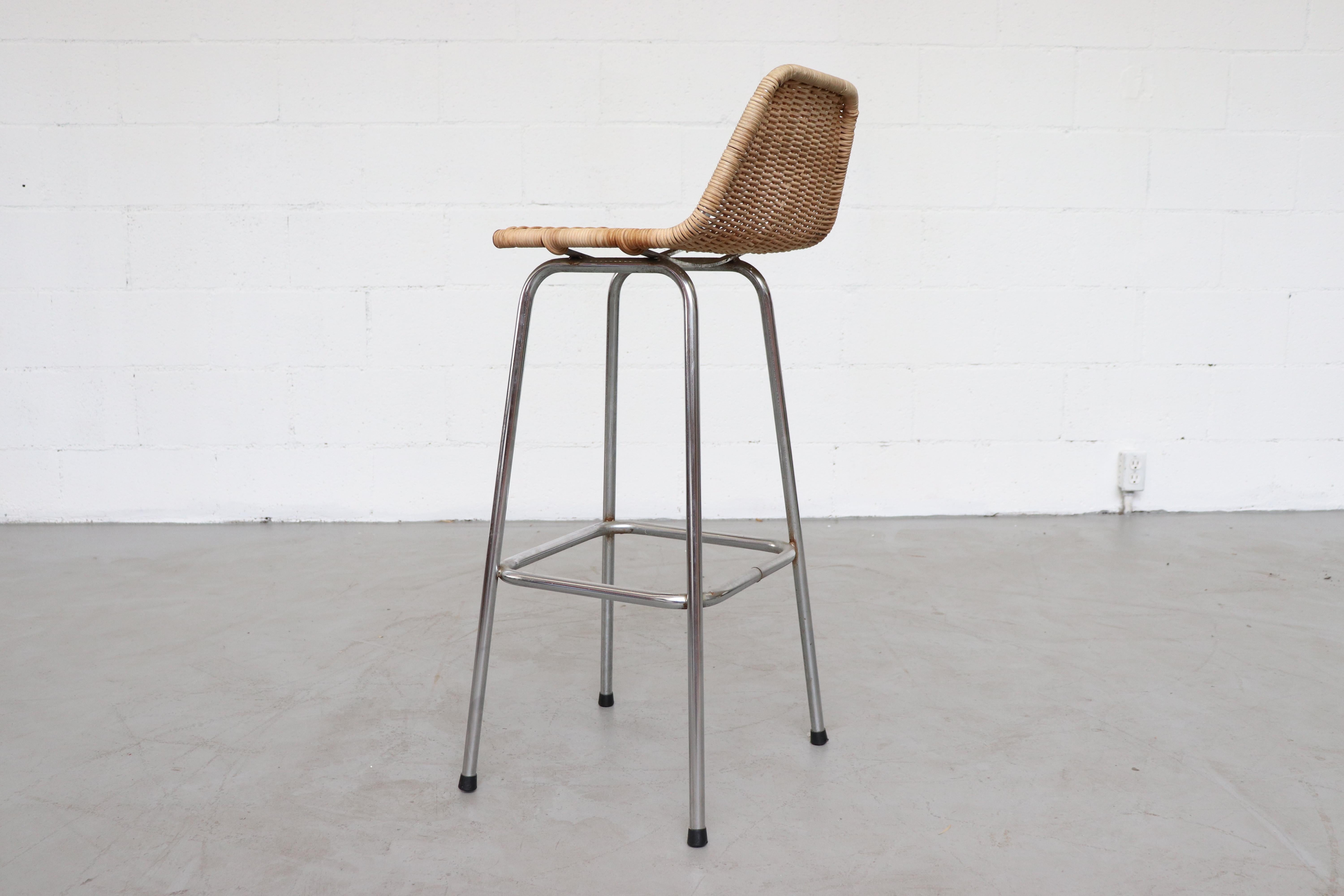 Pair of Charlotte Perriand Style Wicker Bar Stools In Good Condition In Los Angeles, CA