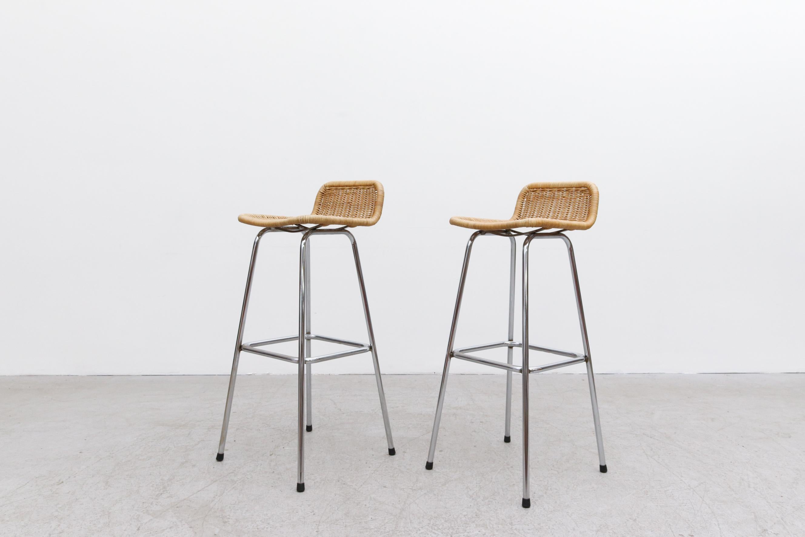 Woven Pair of Charlotte Perriand Style Wicker Bar Stools