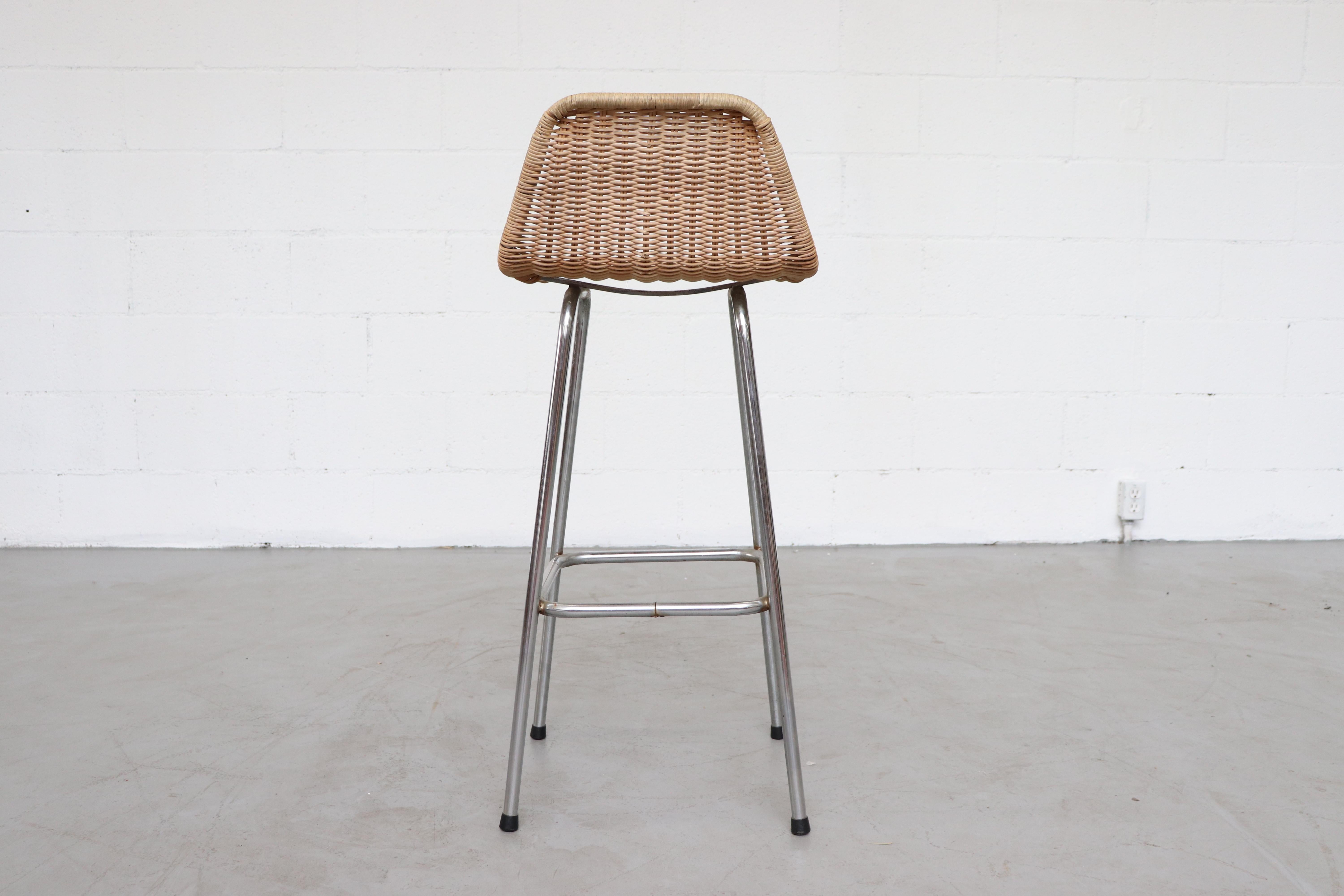 Late 20th Century Pair of Charlotte Perriand Style Wicker Bar Stools