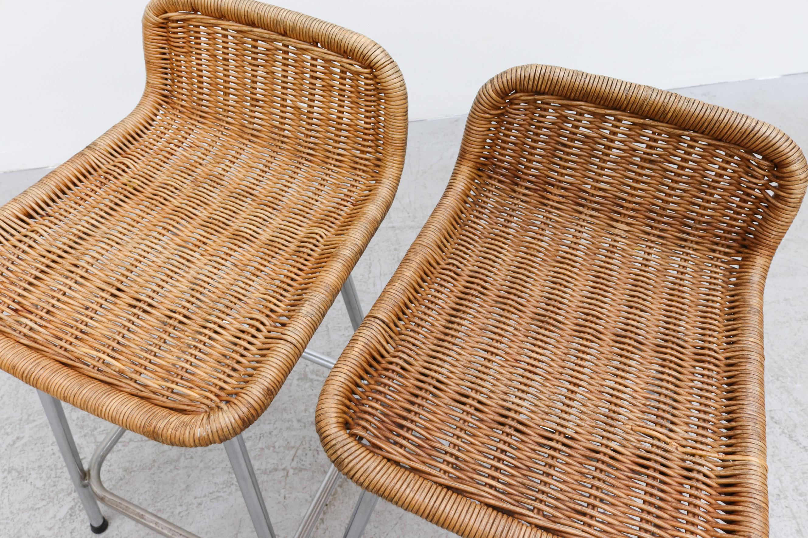 Woven Pair of Charlotte Perriand Style Wicker Bar Stools