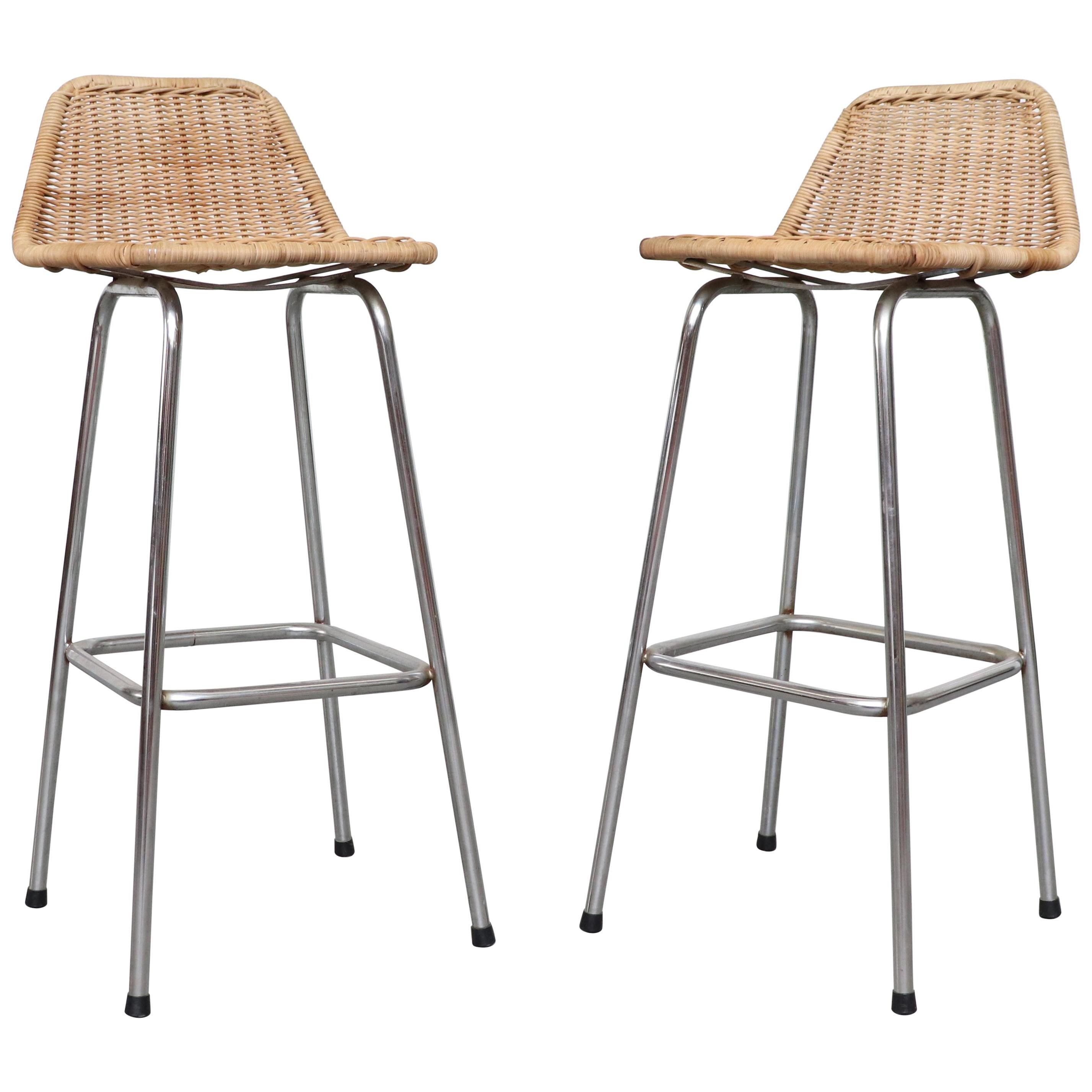 Pair of Charlotte Perriand Style Wicker Bar Stools