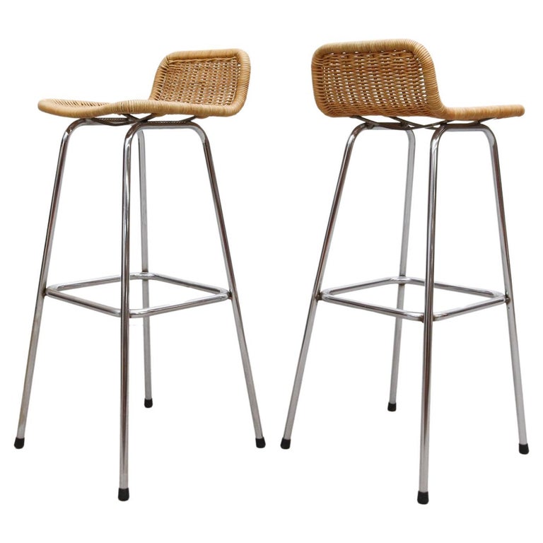 Pair of Charlotte Perriand Style Wicker Bar Stools For Sale at 1stDibs
