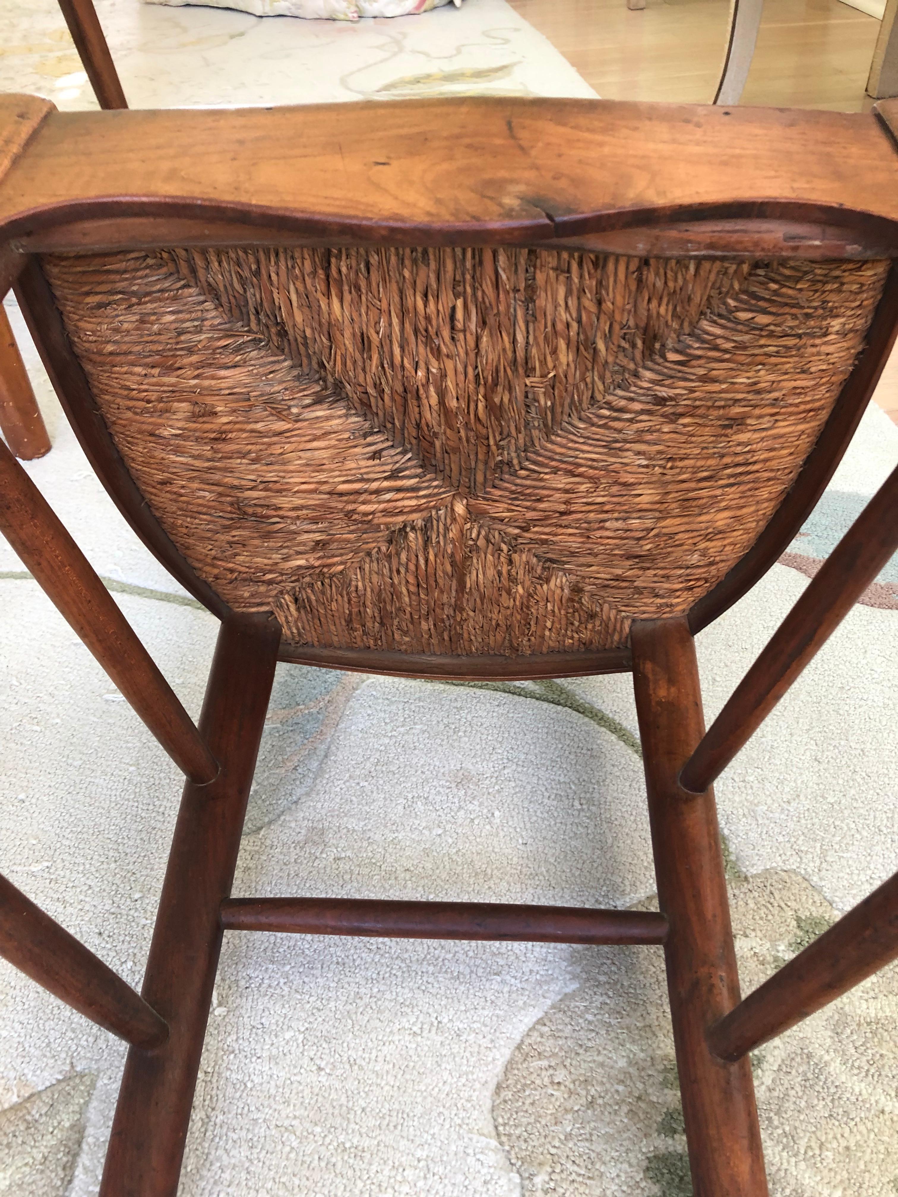 Pair of Charming Antique Country Pine Side Chairs with Rush Seats For Sale 2