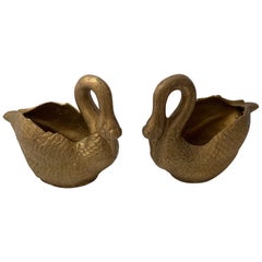 Pair of Charming Antique Gilt Iron French Swan Flower Pots Planters