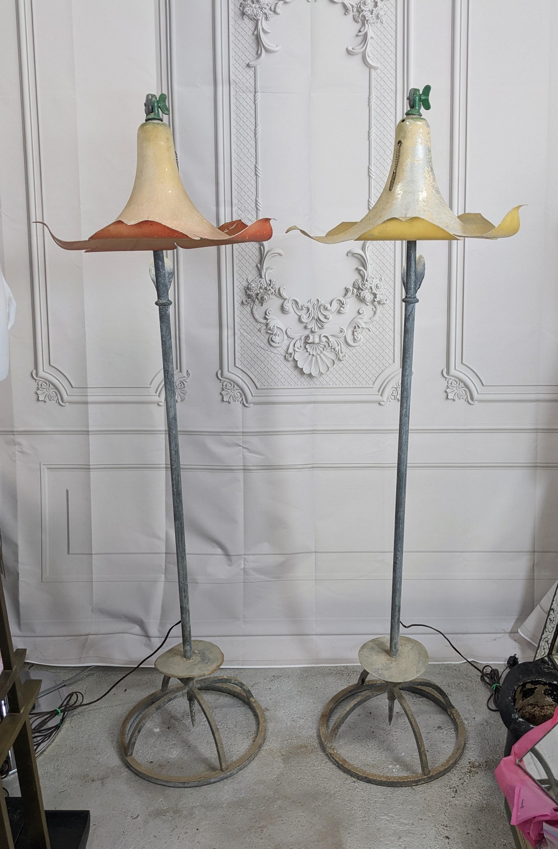 Charming and amazing Art Deco Morning Glory Garden lamps from the 1930's. Incredible Novelty design allows the Disneyesque oversized flowers to be removed from their respective bases and then staked into the ground. Designed to be used either