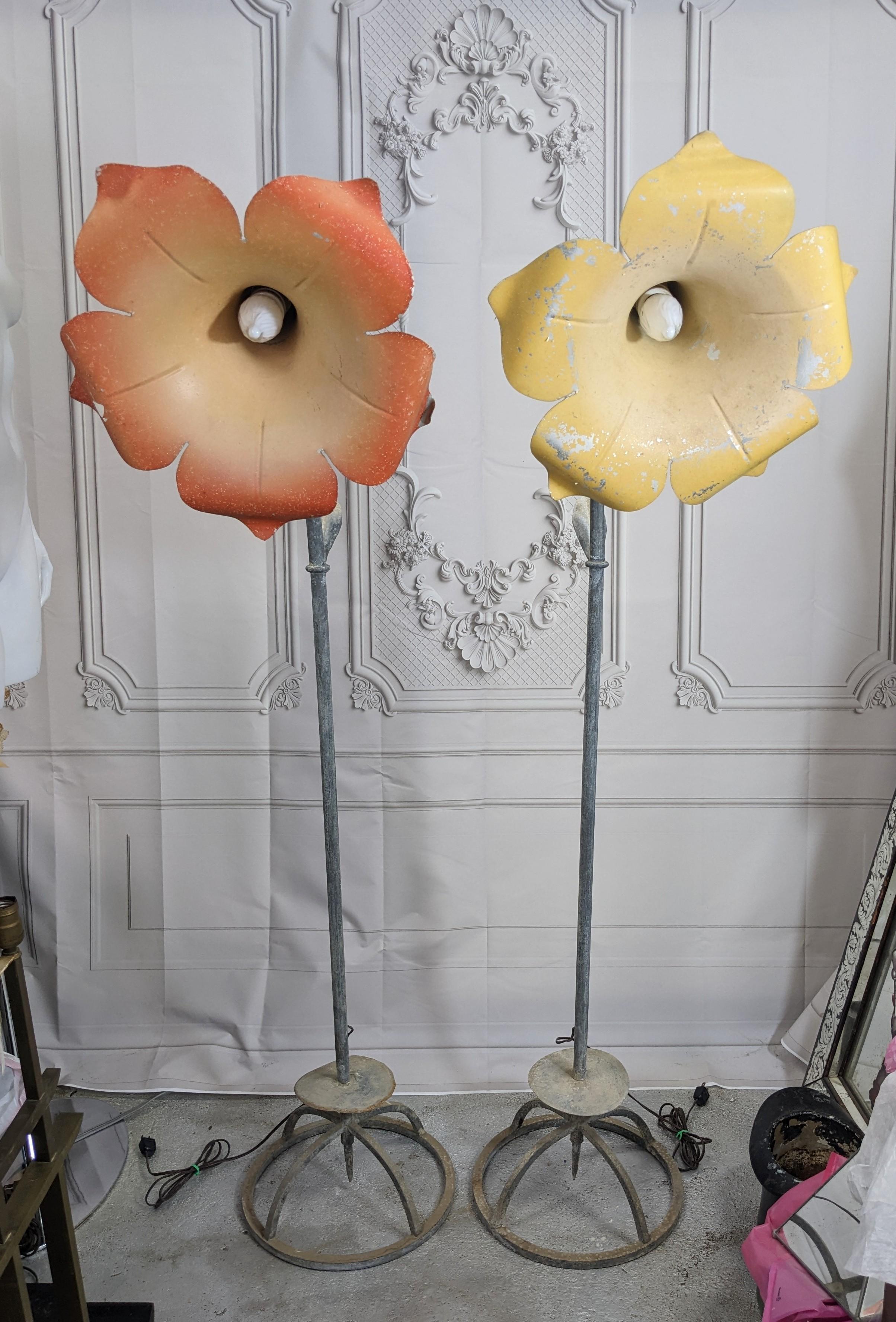 Pair of Charming Art Deco Morning Glory Garden Lamps In Good Condition For Sale In Riverdale, NY