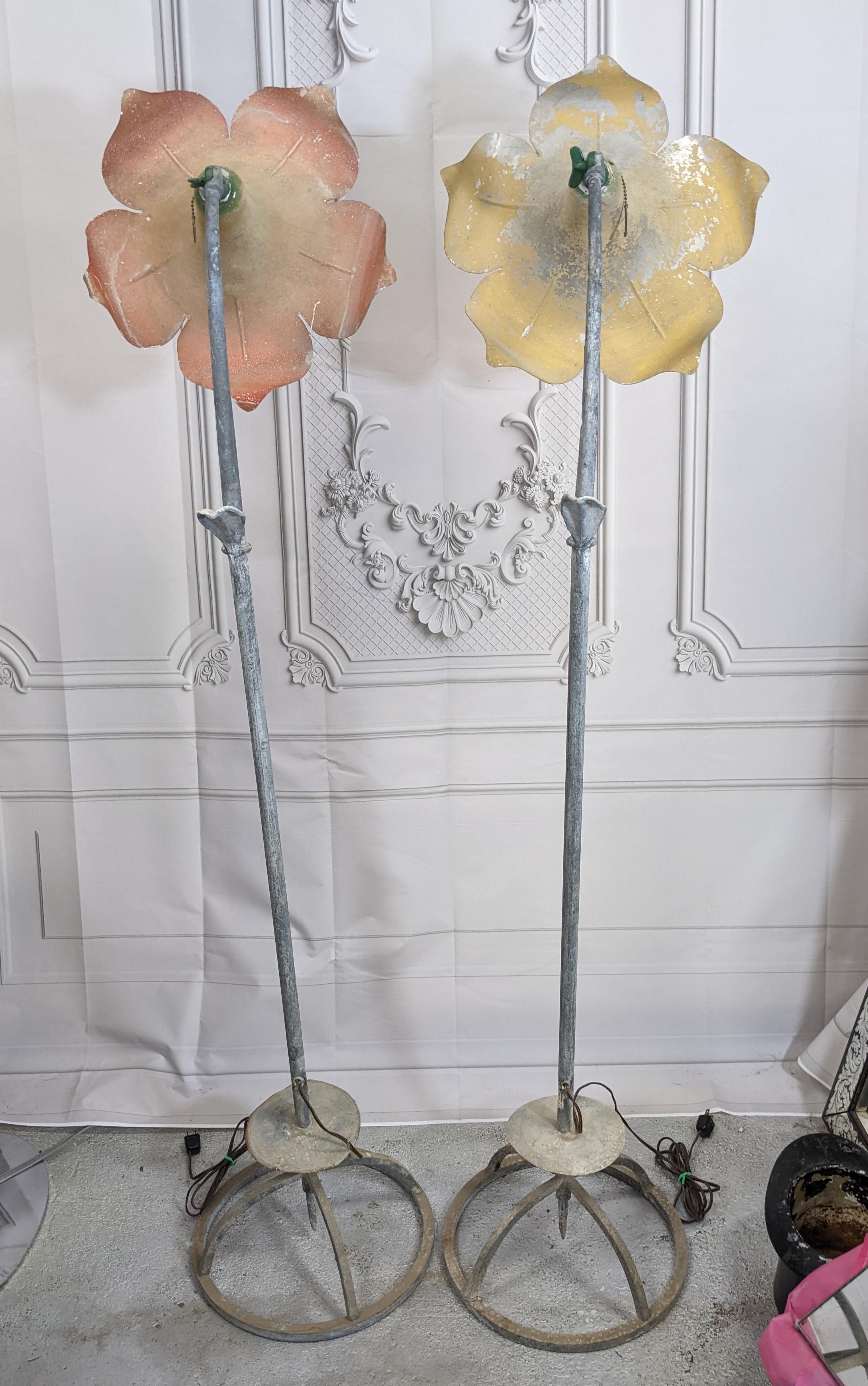 Mid-20th Century Pair of Charming Art Deco Morning Glory Garden Lamps For Sale