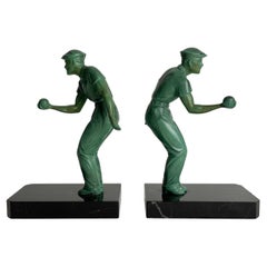 Pair of charming bookends in Art Deco with boule players from the 1930s-1940s