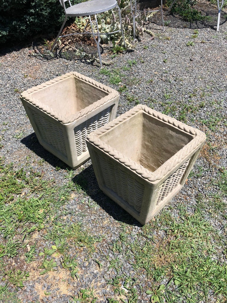 Pair of Charming Cast Cement Basket Motife Planters For Sale at 1stDibs