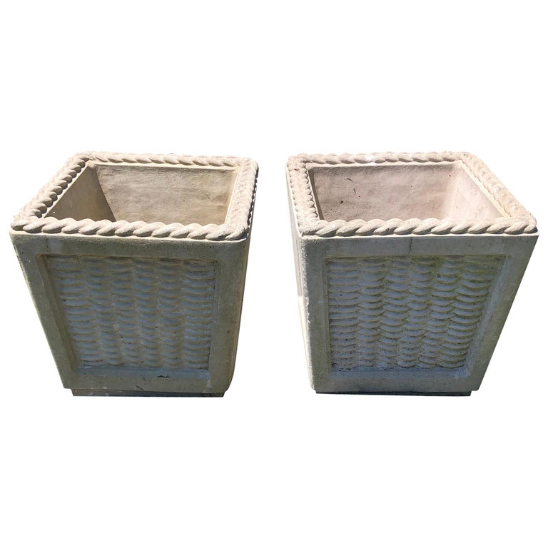 Pair of Charming Cast Cement Basket Motife Planters For Sale at 1stDibs