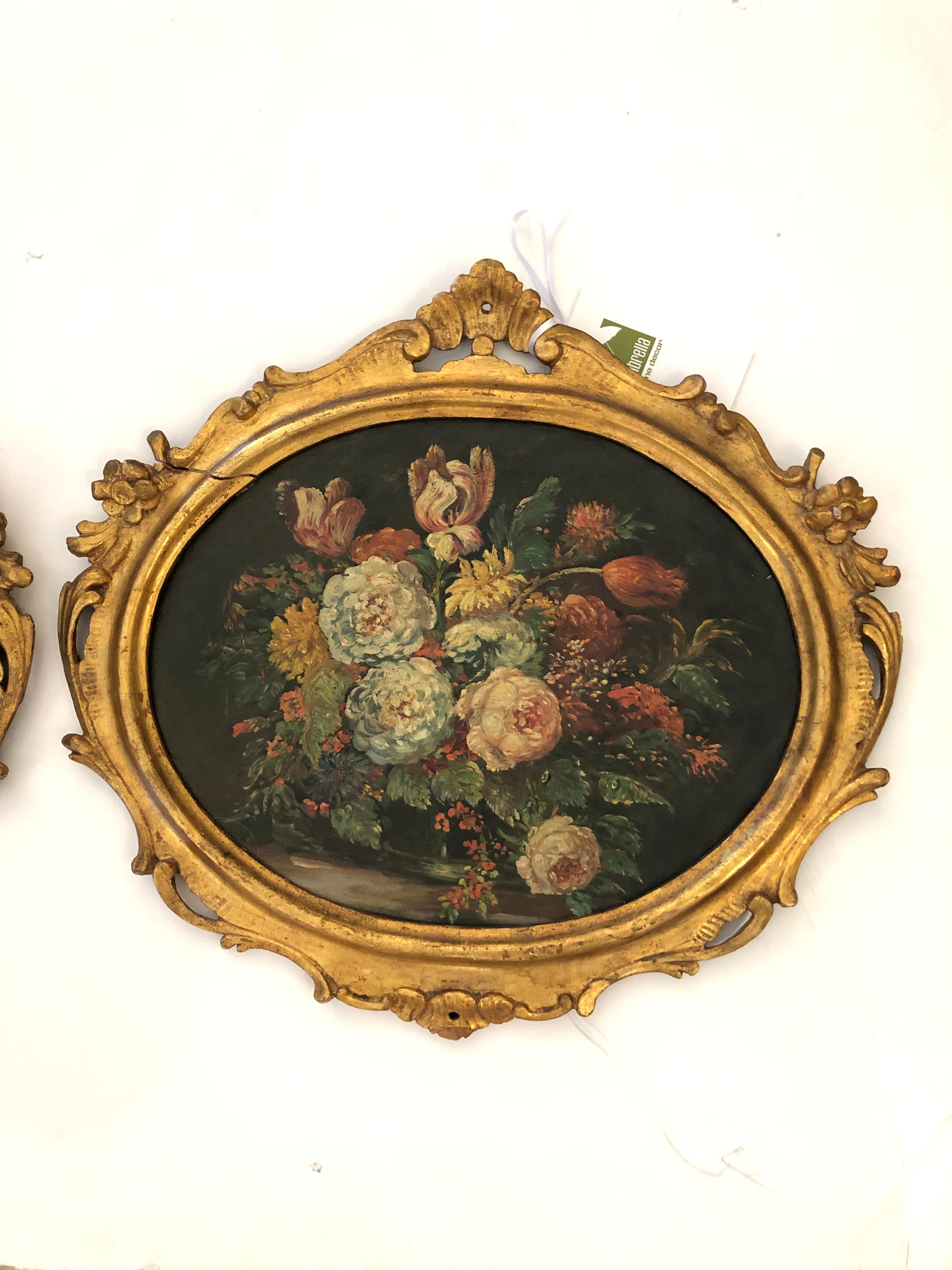 French Pair of Charming European Oval Floral Still Lifes in Giltwood Frames