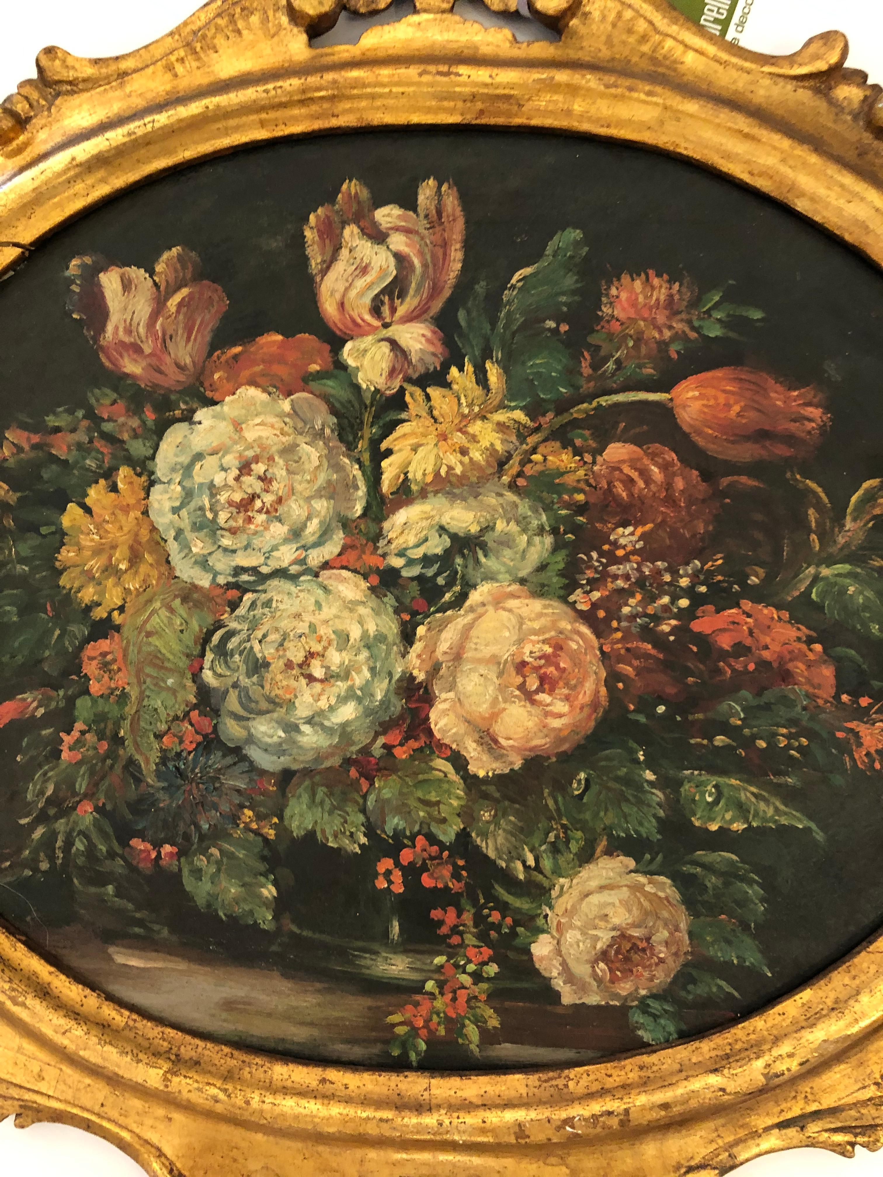 Mid-20th Century Pair of Charming European Oval Floral Still Lifes in Giltwood Frames