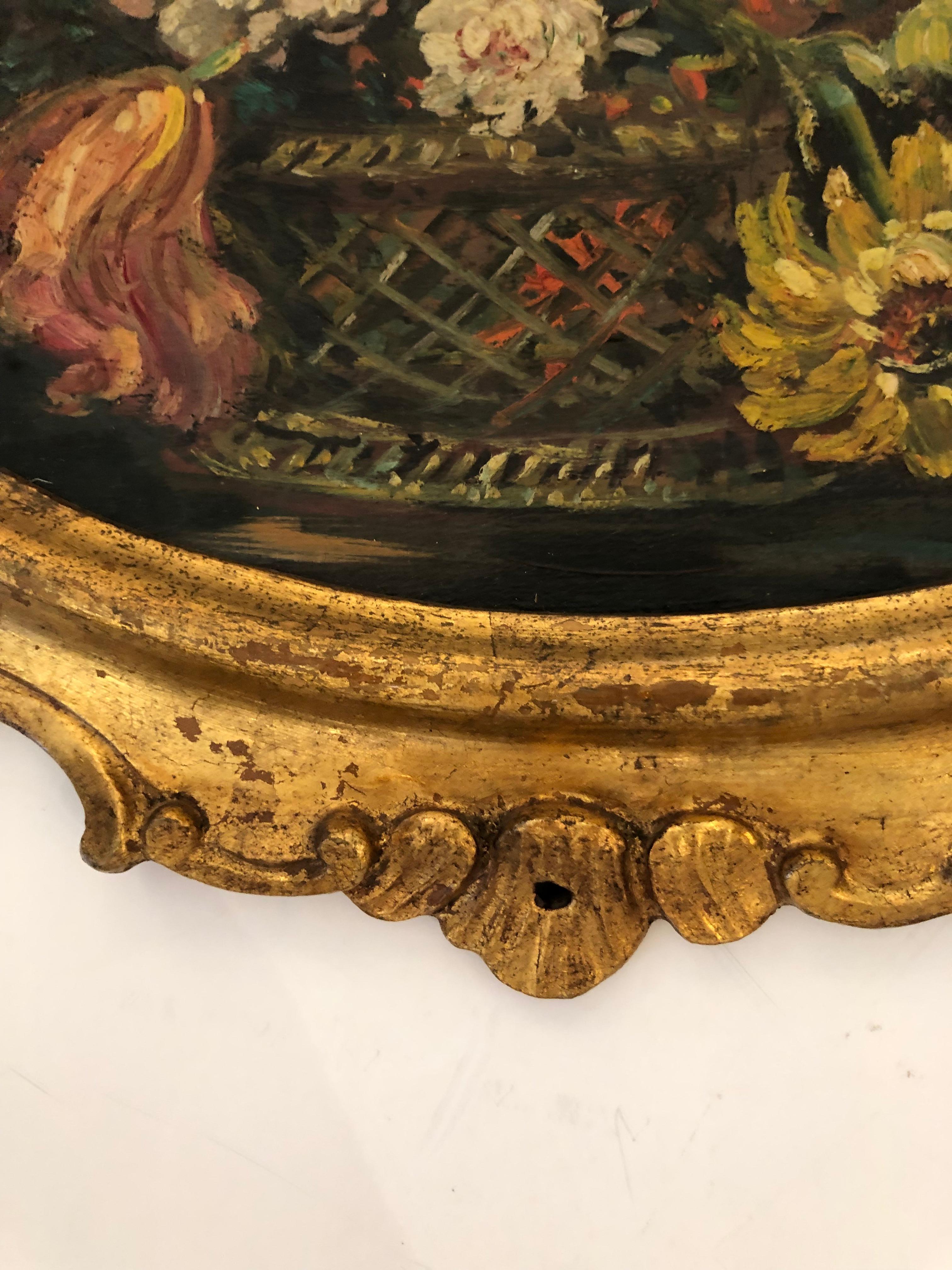 Wood Pair of Charming European Oval Floral Still Lifes in Giltwood Frames