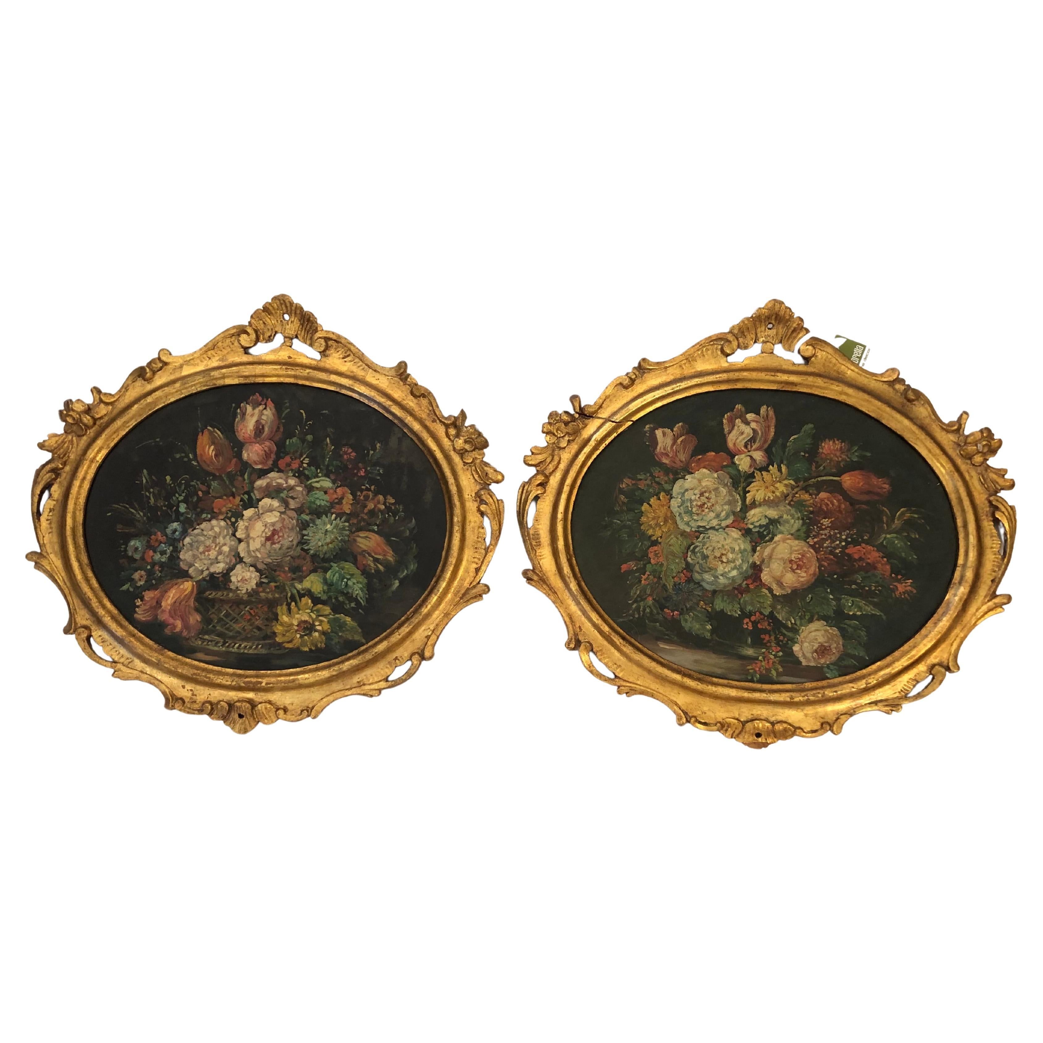 Pair of Charming European Oval Floral Still Lifes in Giltwood Frames
