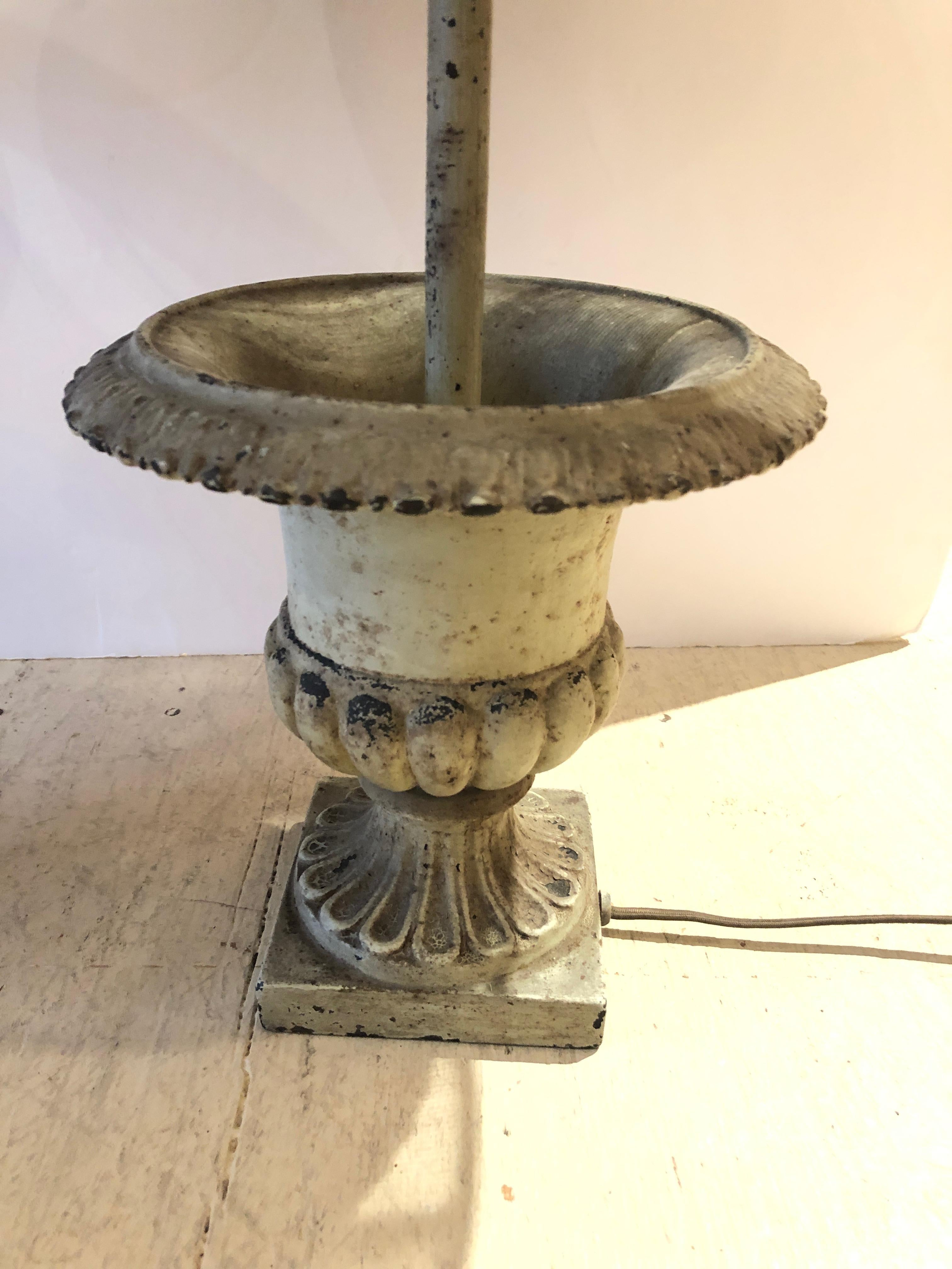 Pair of Charming Iron Garden Urn Table Lamps In Distressed Condition In Hopewell, NJ