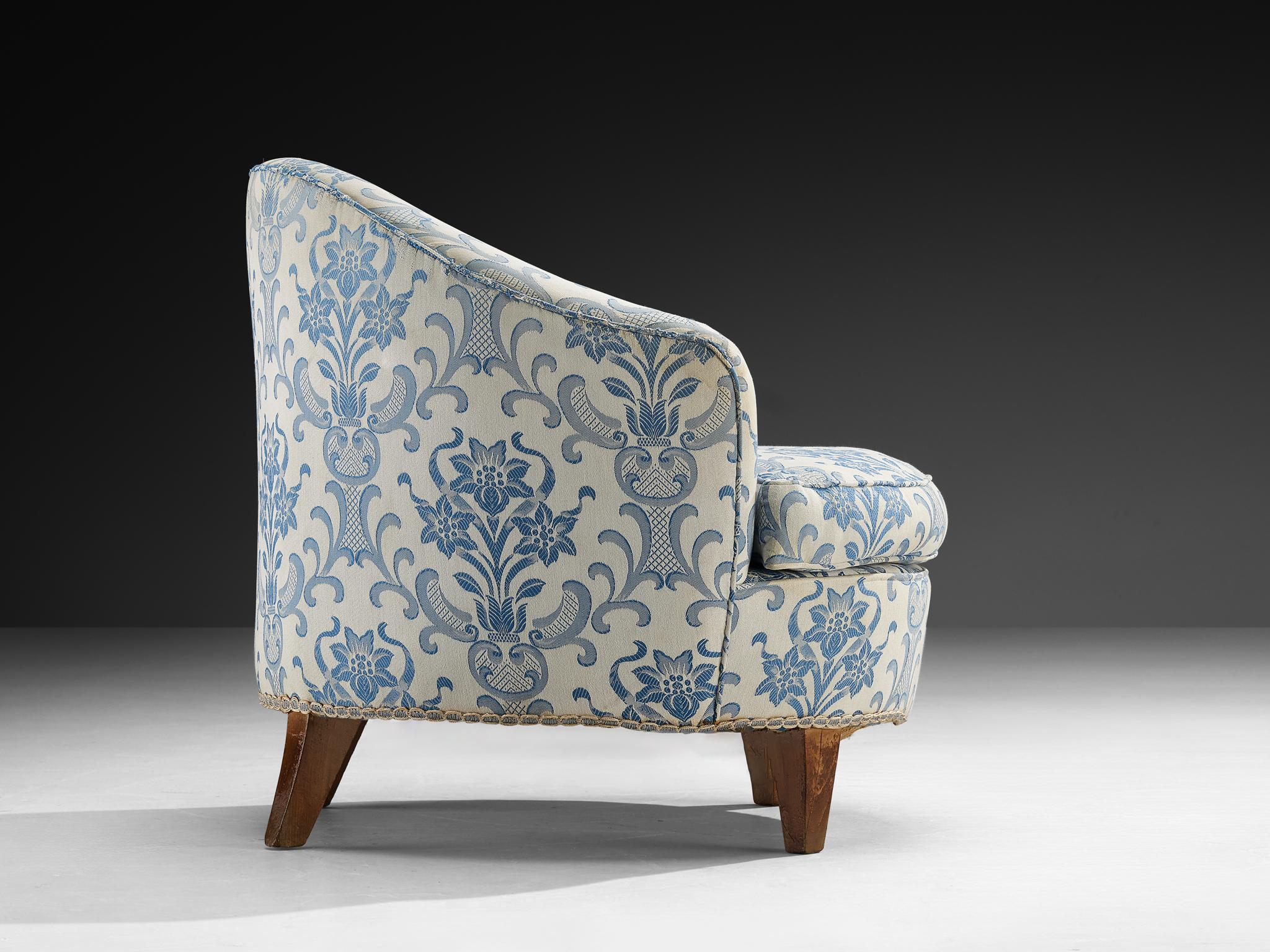 Mid-20th Century Pair of Charming Italian Mid-Century Lounge Chairs in Light Blue Damask Fabric For Sale