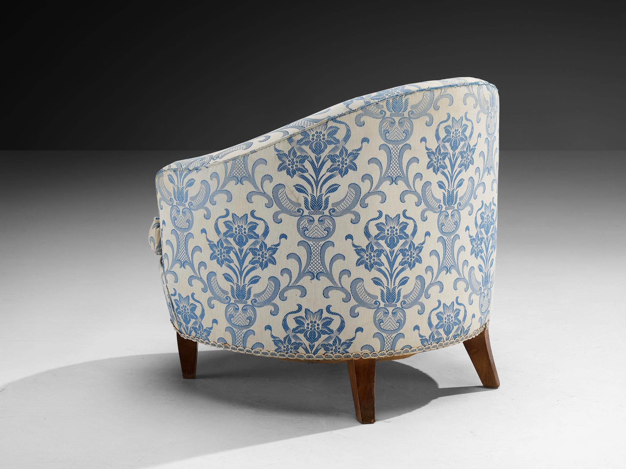 Pair of Charming Italian Mid-Century Lounge Chairs in Light Blue Damask Fabric For Sale 3